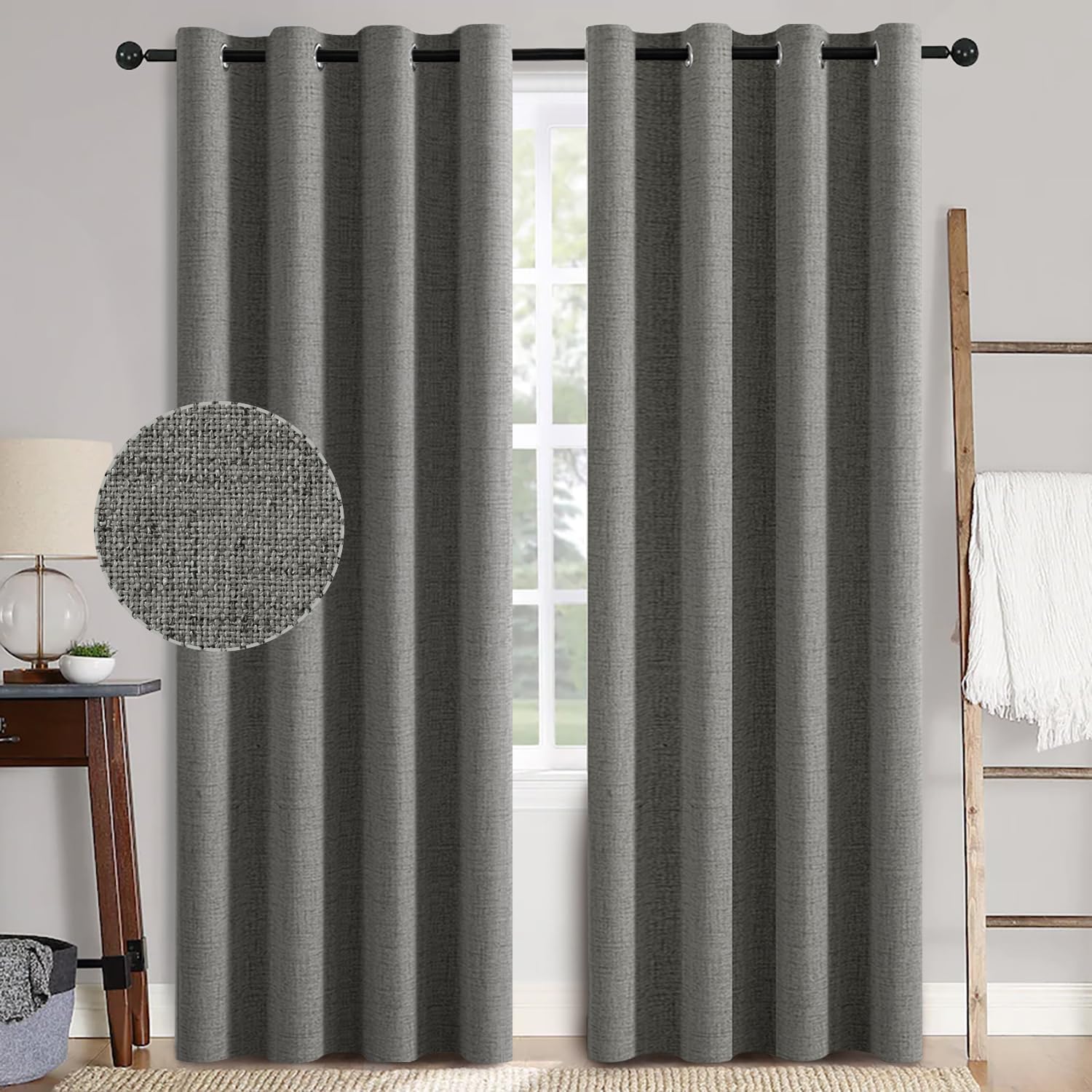 MIULEE 100% Blackout Linen Textured Curtains for Bedroom Solid Thermal Insulated Copper Brown Grommet Room Darkening Curtains & Drapes Luxury Decor for Living Room Nursery 52 x 84 Inch (2 Panels)