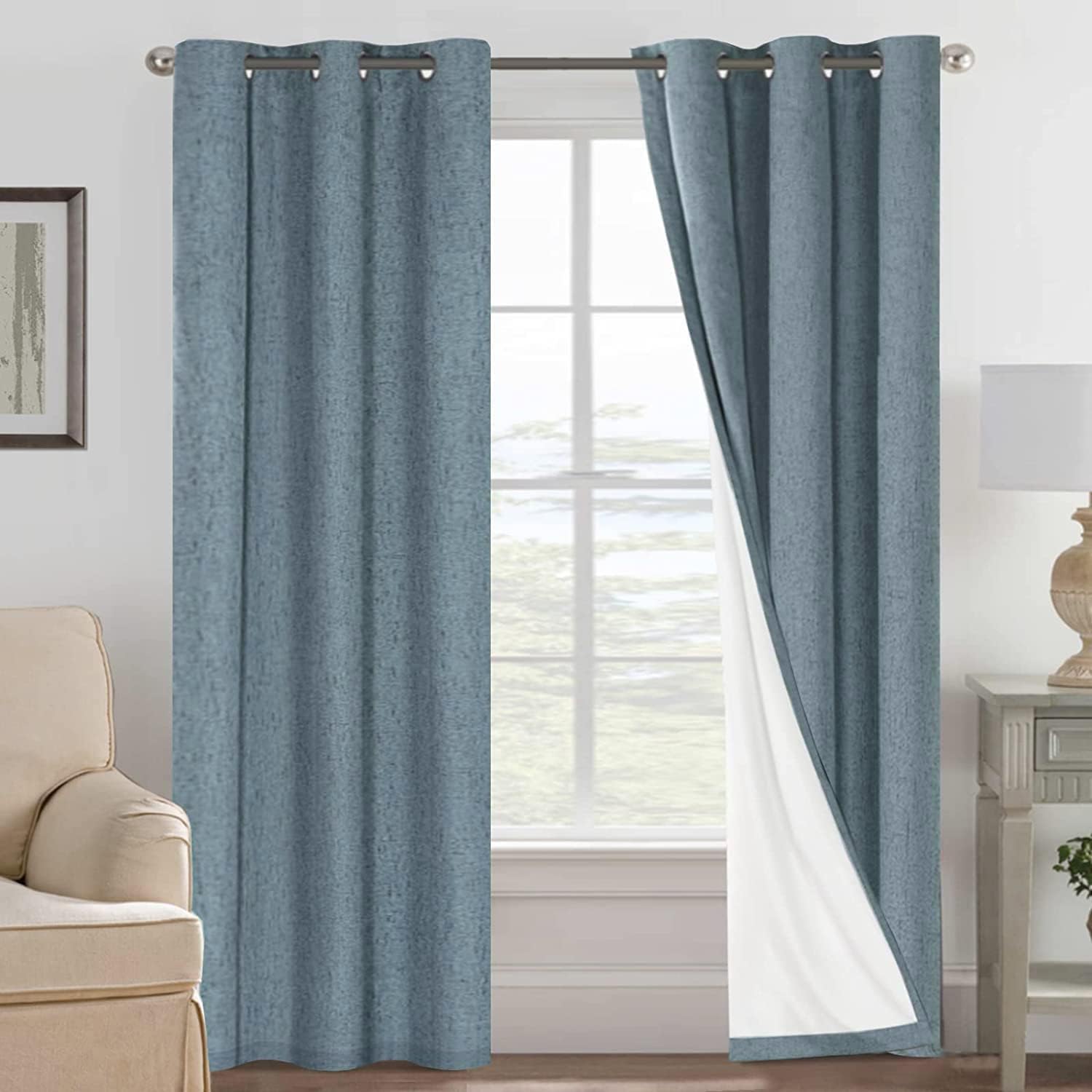 H.VERSAILTEX Blackout Curtains, Linen Curtains 108 inches Long 100% Black Out Curtains for Bedroom Windows, Textured Linen Look Draperies Grommet with White Liner, 2 Panels, Natural