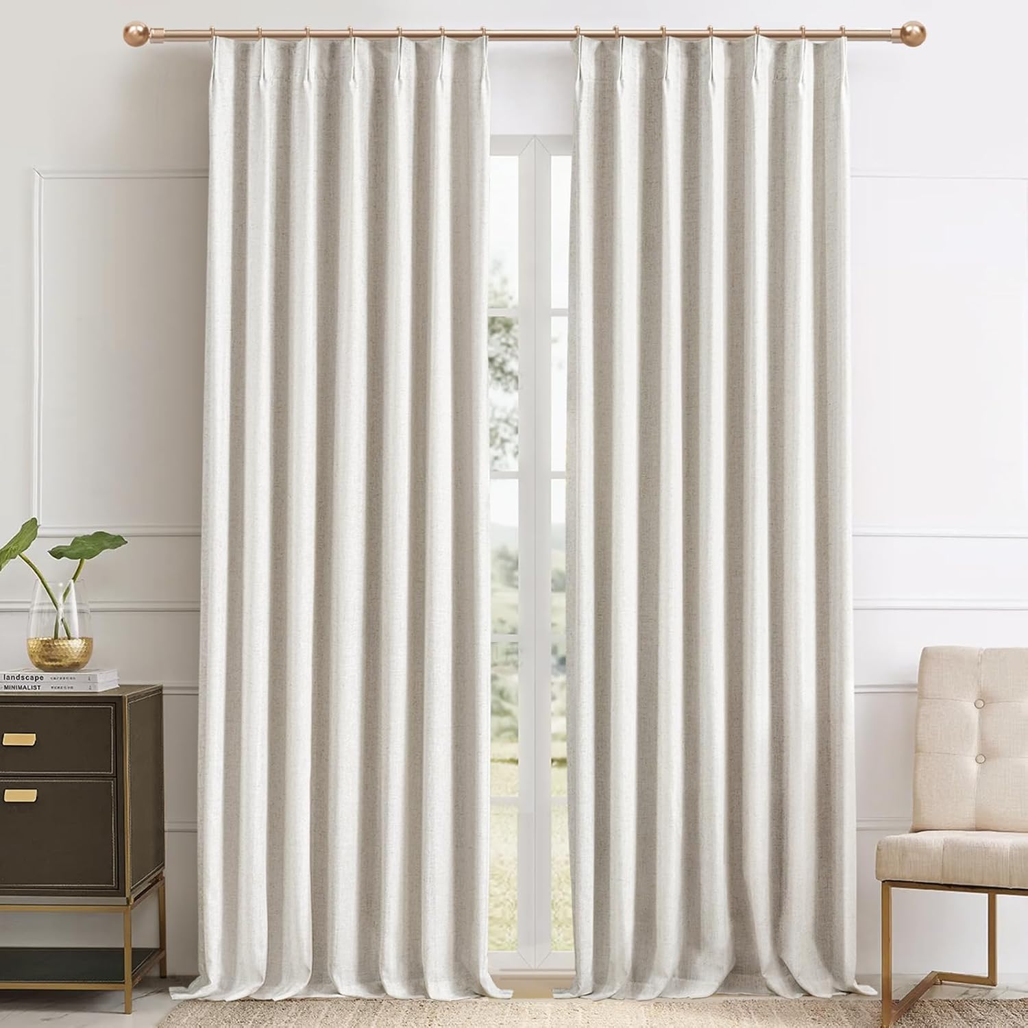 IVAPUPU Natural Pinch Pleated 100% Blackout Linen Curtains 90 Inch Length for Bedroom, Black Out Pinch Pleat Curtains for Living Dining Room Darkening Thermal Insulated Drapes with 16 Hooks, 2 Panels