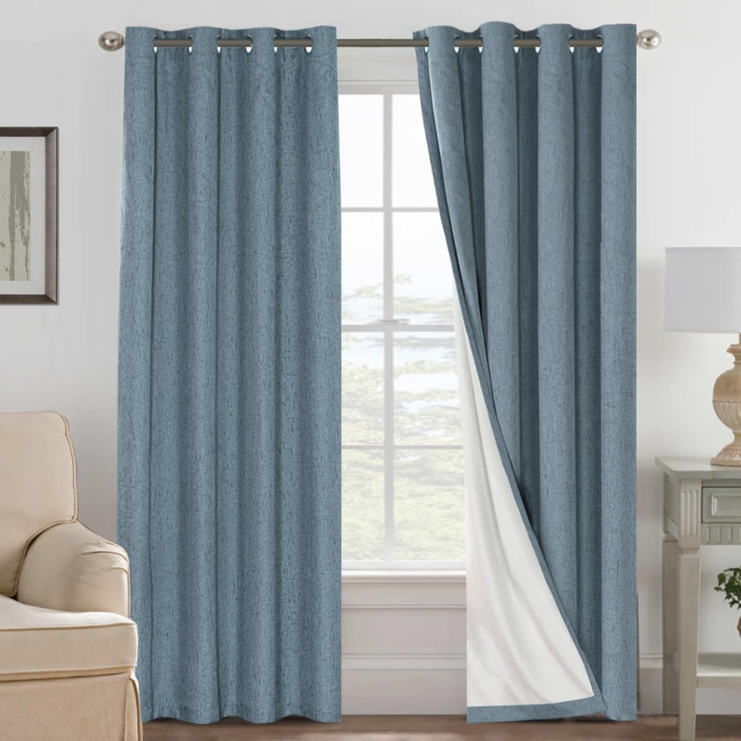 H.VERSAILTEX Blackout Curtains, Linen Curtains 108 inches Long 100% Black Out Curtains for Bedroom Windows, Textured Linen Look Draperies Grommet with White Liner, 2 Panels, Natural
