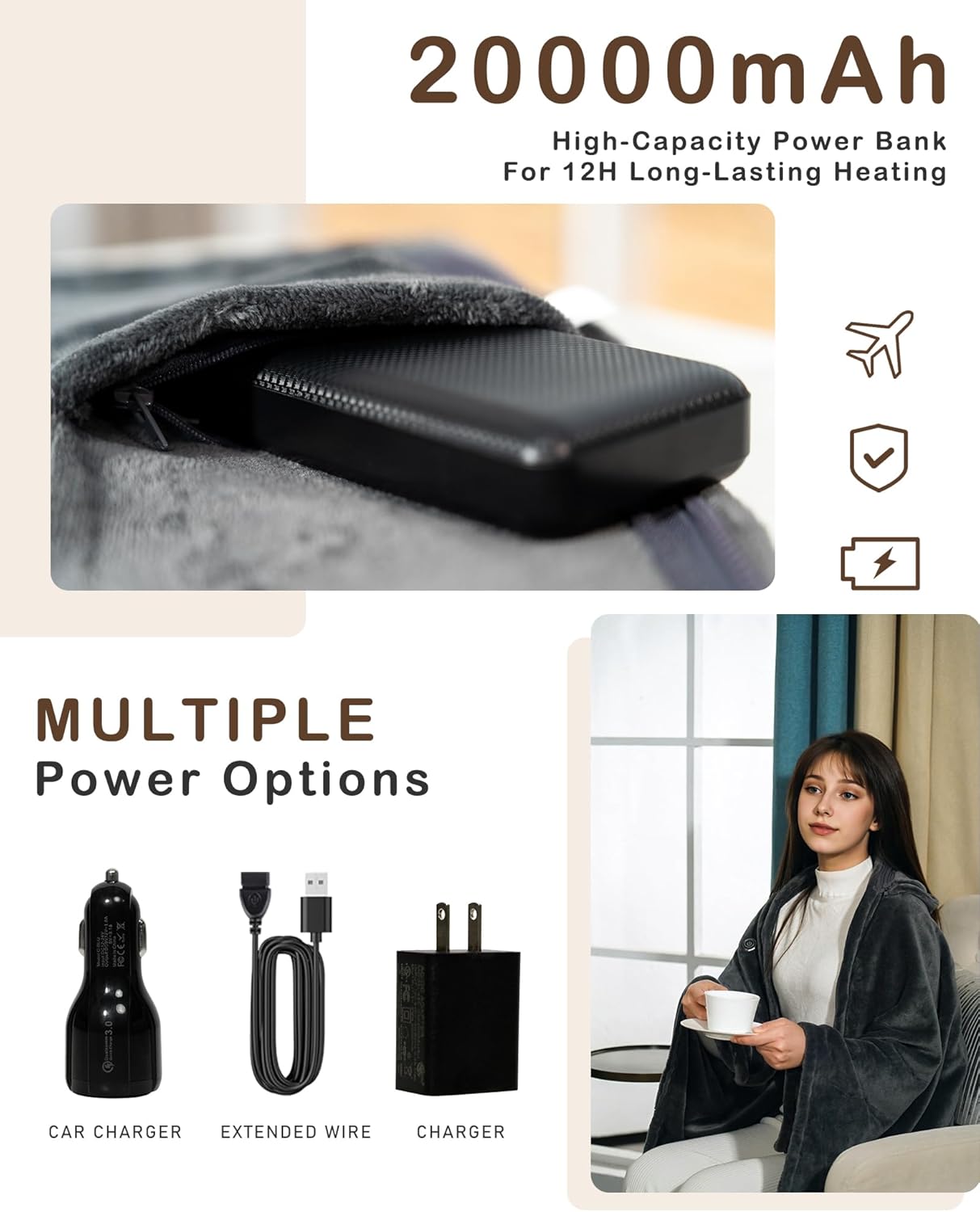 Cordless Heated Blanket, Cozy Portable Heated Blanket Battery Operated w/Hoodie, 3 Temp, 20000 mAh, Camping Wearable Heating Blanket for Car, Heated Throw Cordless