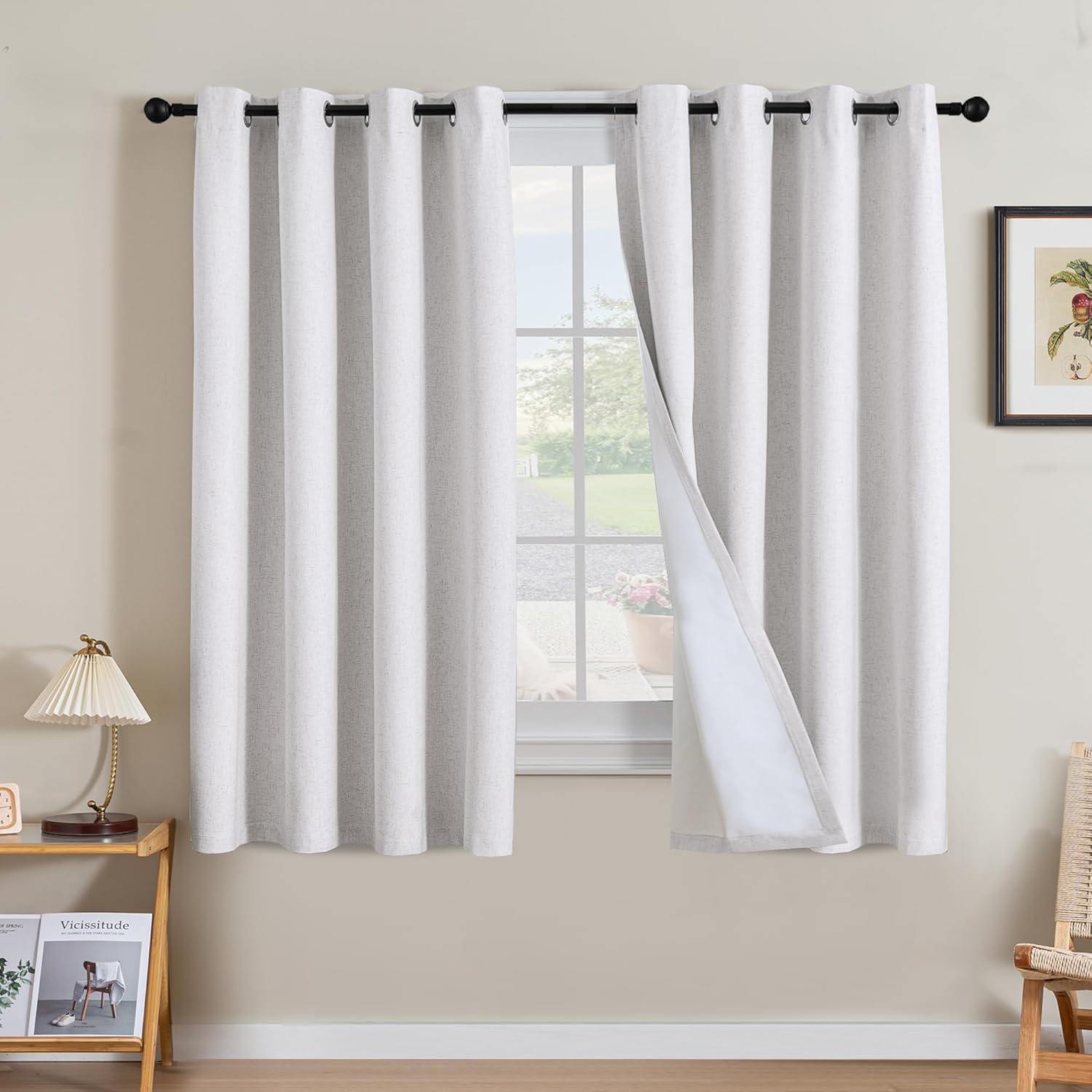 H.VERSAILTEX Blackout Curtains, Linen Curtains 108 inches Long 100% Black Out Curtains for Bedroom Windows, Textured Linen Look Draperies Grommet with White Liner, 2 Panels, Natural