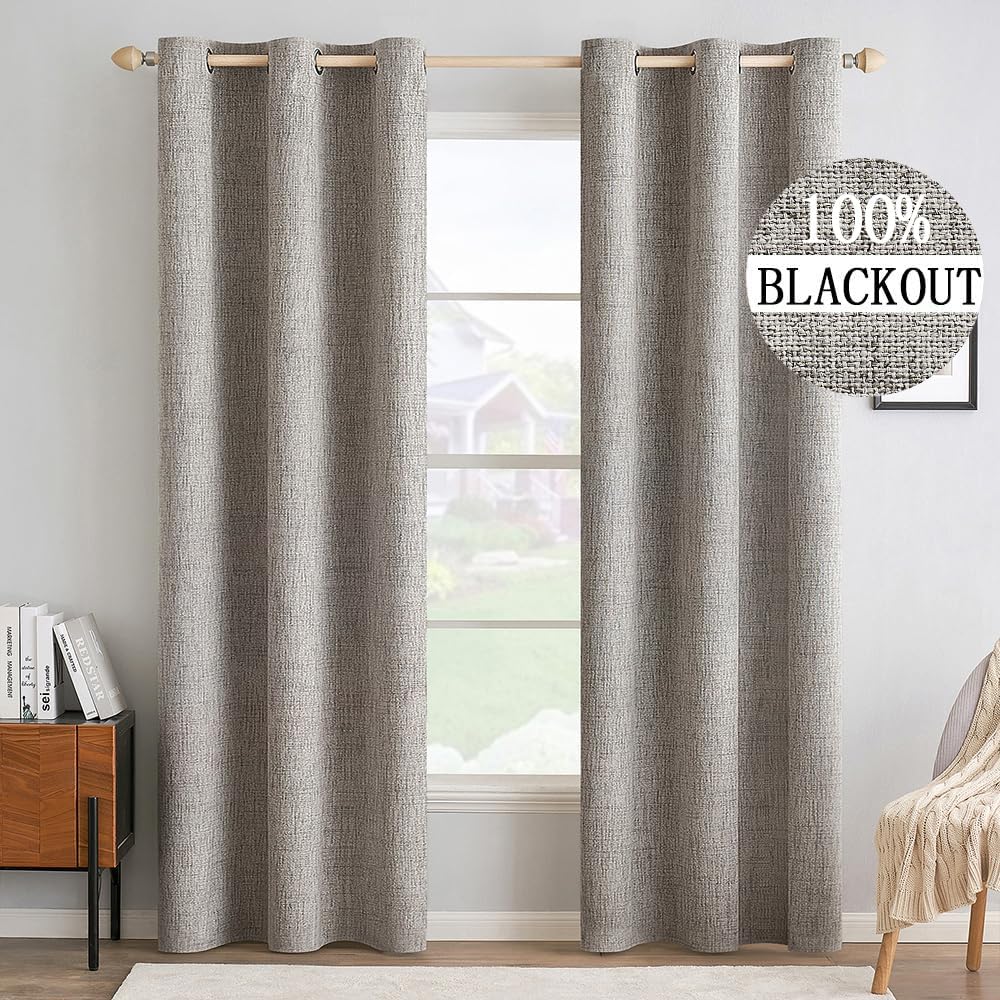 MIULEE 100% Blackout Linen Textured Curtains for Bedroom Solid Thermal Insulated Copper Brown Grommet Room Darkening Curtains & Drapes Luxury Decor for Living Room Nursery 52 x 84 Inch (2 Panels)
