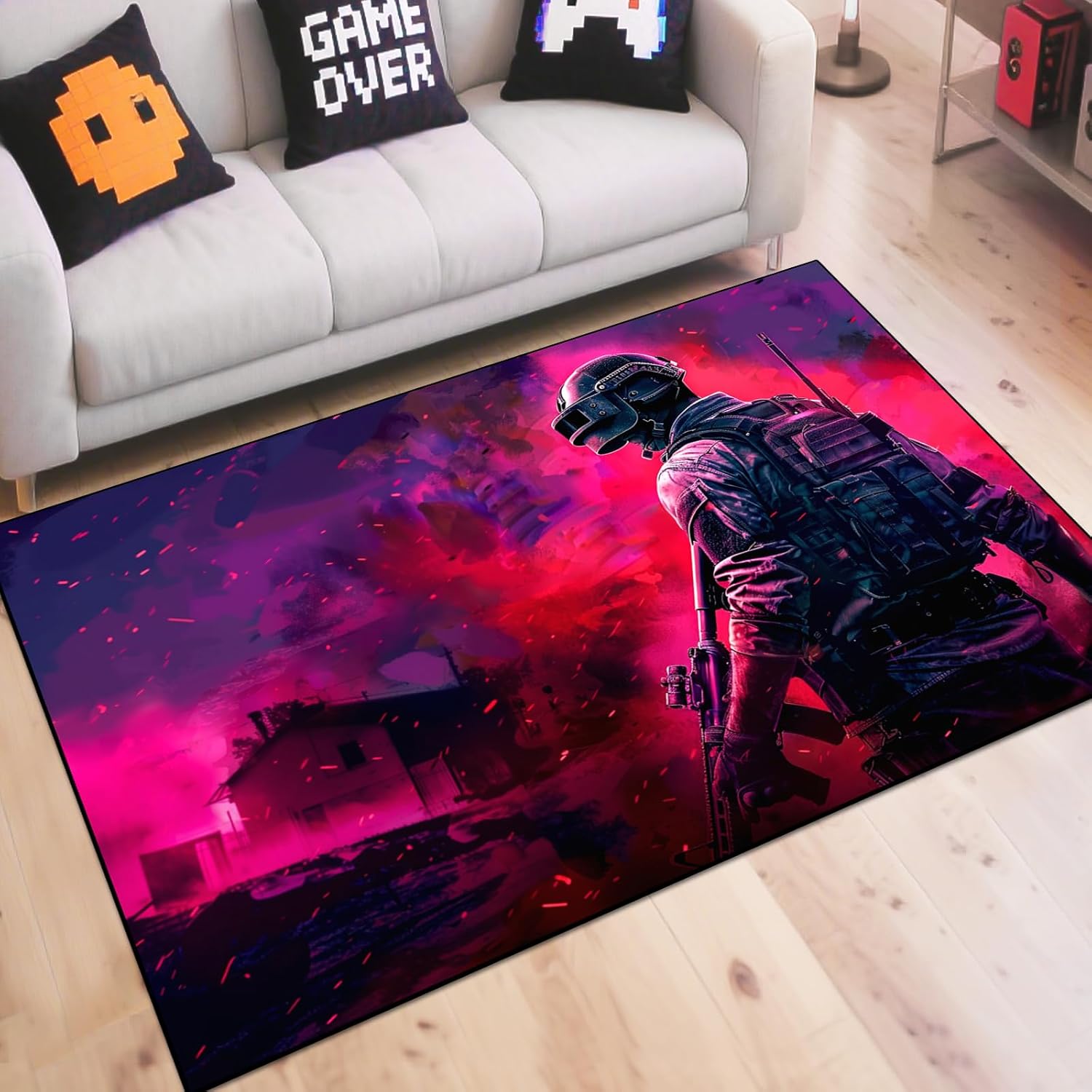 Shooting Gaming Area Rug Teen Boys Carpet, Battle Game Rug and Colorful Bomb Background War Design for Game Room, Gaming Room, Boys Girls Bedroom Playroom, Living Room (Running, 79" x 59")