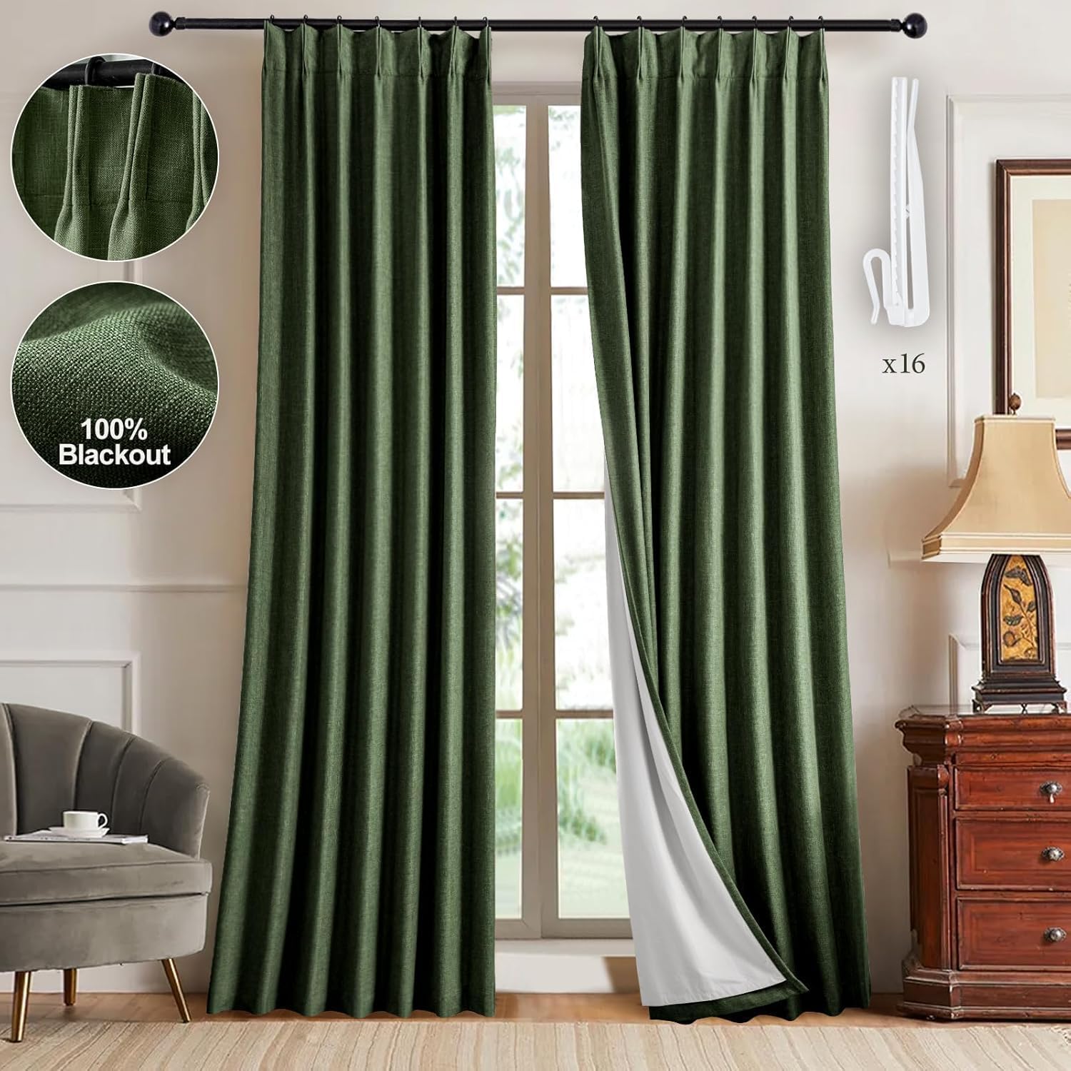 IVAPUPU Natural Pinch Pleated 100% Blackout Linen Curtains 90 Inch Length for Bedroom, Black Out Pinch Pleat Curtains for Living Dining Room Darkening Thermal Insulated Drapes with 16 Hooks, 2 Panels