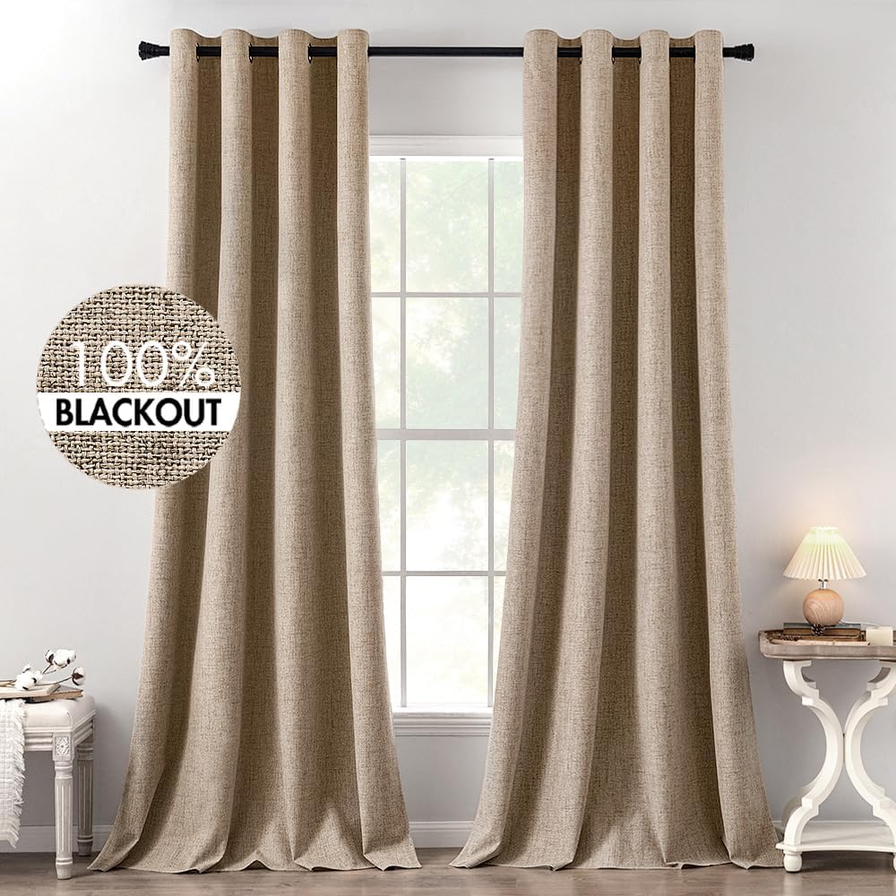 MIULEE 100% Blackout Linen Textured Curtains for Bedroom Solid Thermal Insulated Copper Brown Grommet Room Darkening Curtains & Drapes Luxury Decor for Living Room Nursery 52 x 84 Inch (2 Panels)