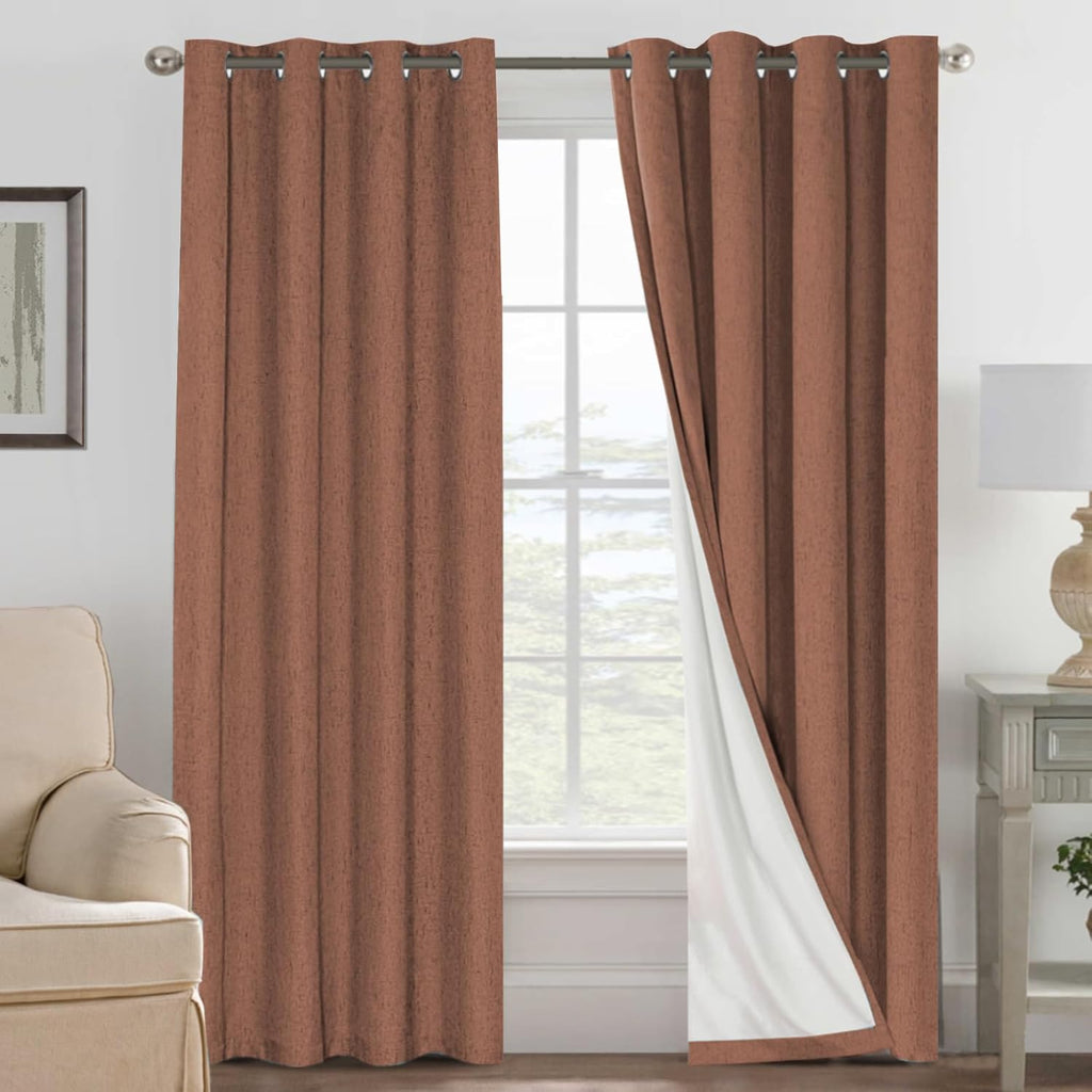 H.VERSAILTEX Blackout Curtains, Linen Curtains 108 inches Long 100% Black Out Curtains for Bedroom Windows, Textured Linen Look Draperies Grommet with White Liner, 2 Panels, Natural
