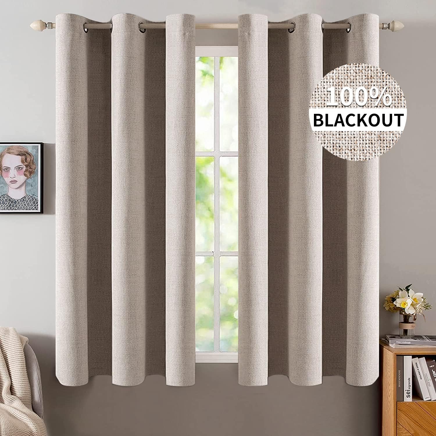 MIULEE 100% Blackout Linen Textured Curtains for Bedroom Solid Thermal Insulated Copper Brown Grommet Room Darkening Curtains & Drapes Luxury Decor for Living Room Nursery 52 x 84 Inch (2 Panels)