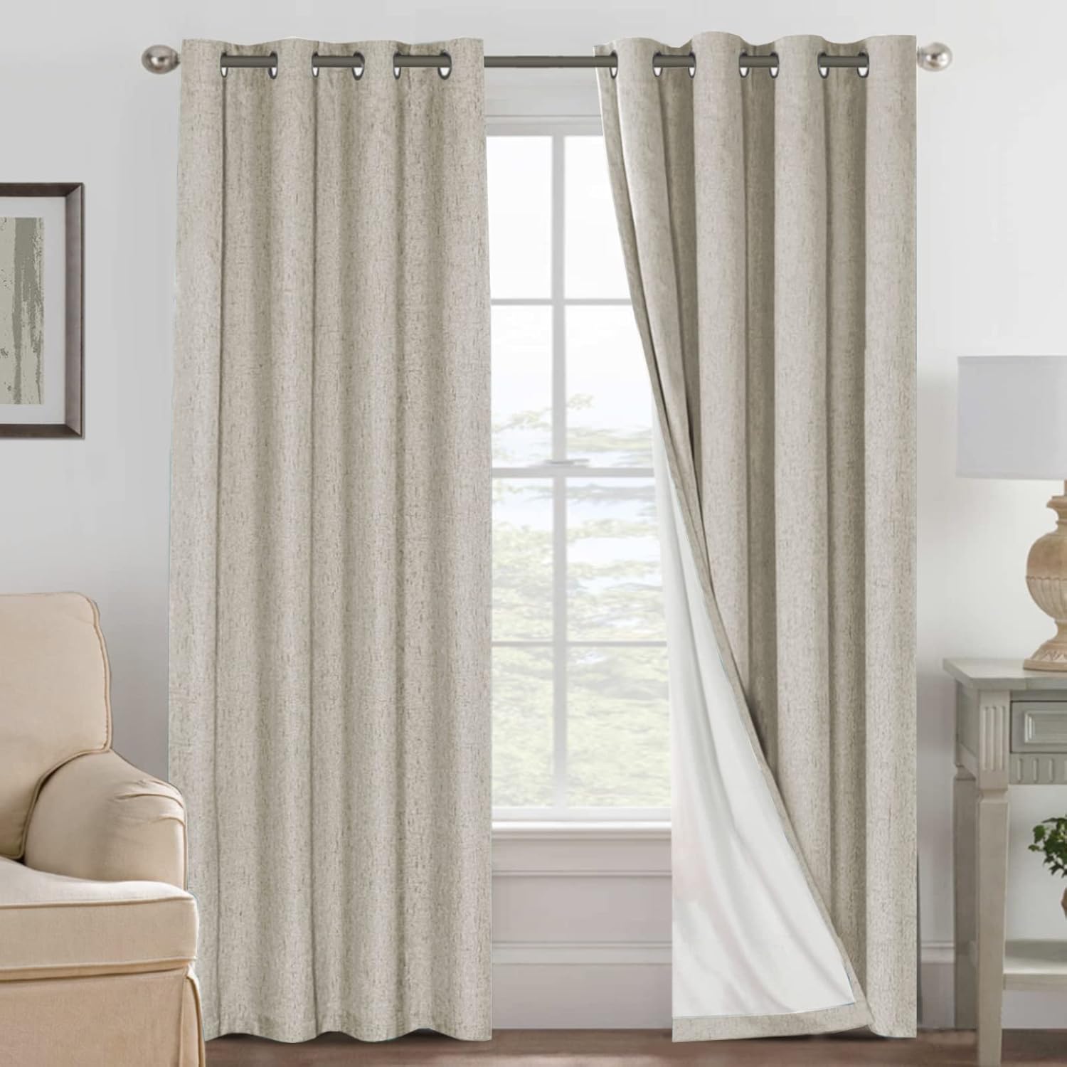H.VERSAILTEX Blackout Curtains, Linen Curtains 108 inches Long 100% Black Out Curtains for Bedroom Windows, Textured Linen Look Draperies Grommet with White Liner, 2 Panels, Natural
