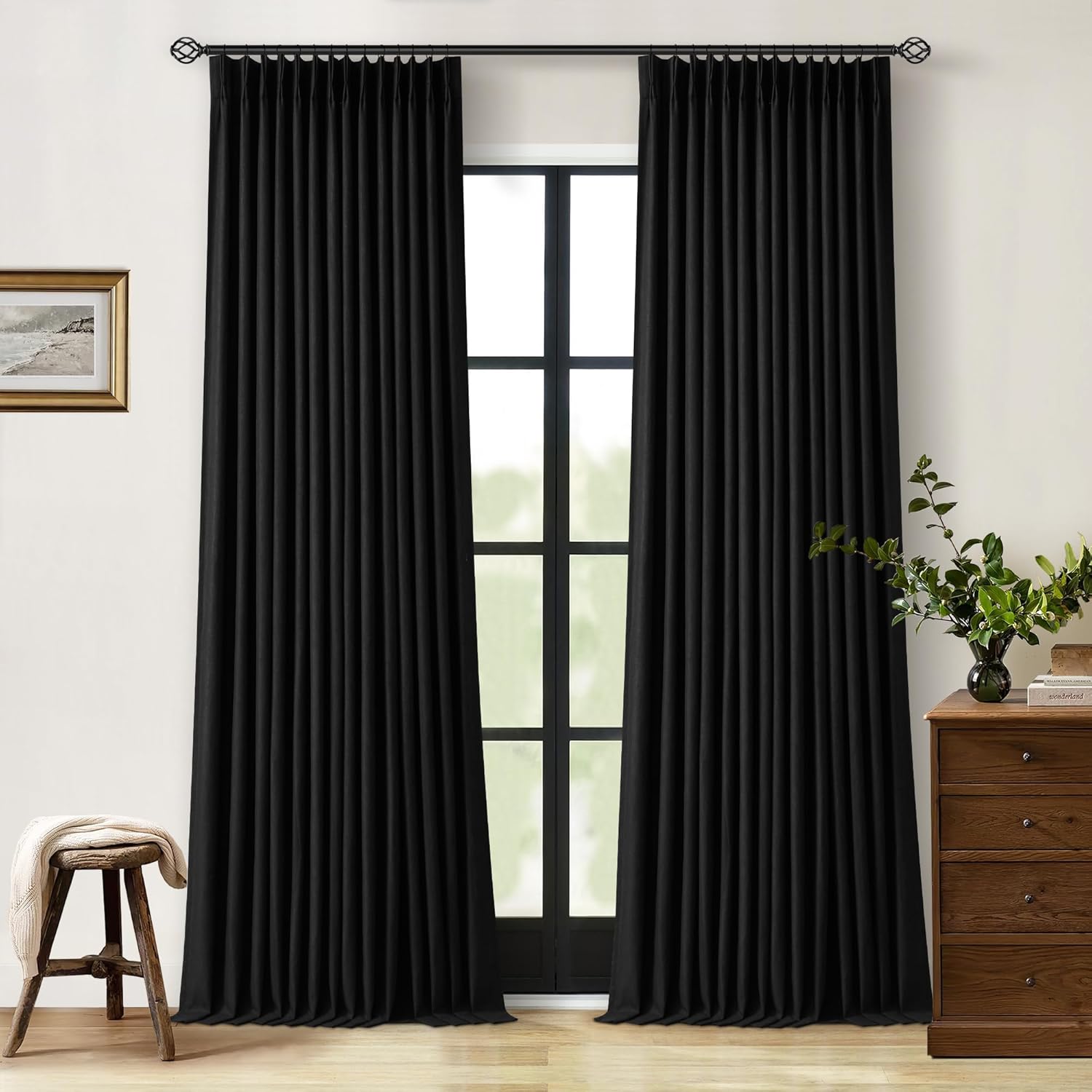 102 Inches Long Pinch Pleated Linen Blackout Curtains for Bedroom Back Tab Track Memory Trained Shape Farmhouse Light Blocking Curtains 102 Inch Length for Living Dining Room Darkening Drapes Cream