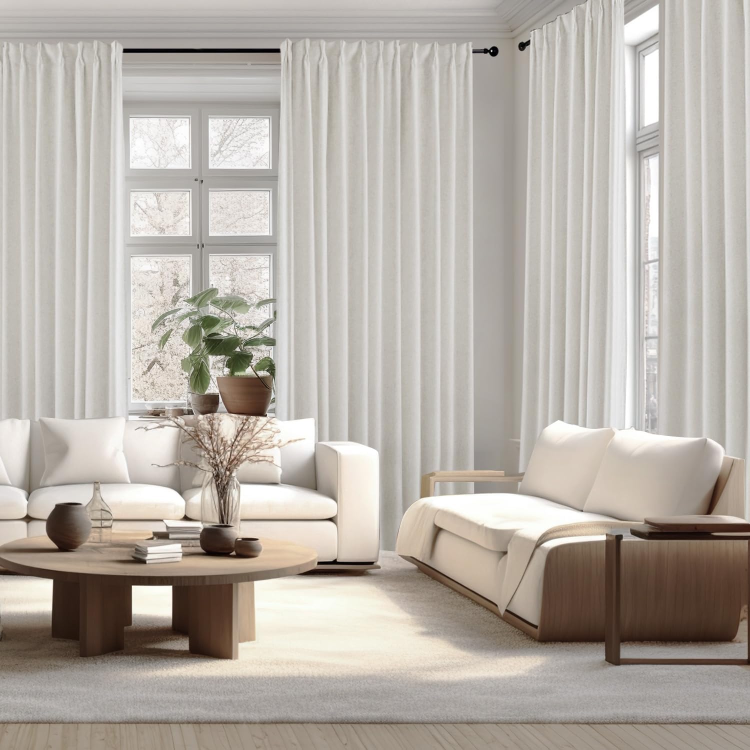 IVAPUPU Natural Pinch Pleated 100% Blackout Linen Curtains 90 Inch Length for Bedroom, Black Out Pinch Pleat Curtains for Living Dining Room Darkening Thermal Insulated Drapes with 16 Hooks, 2 Panels