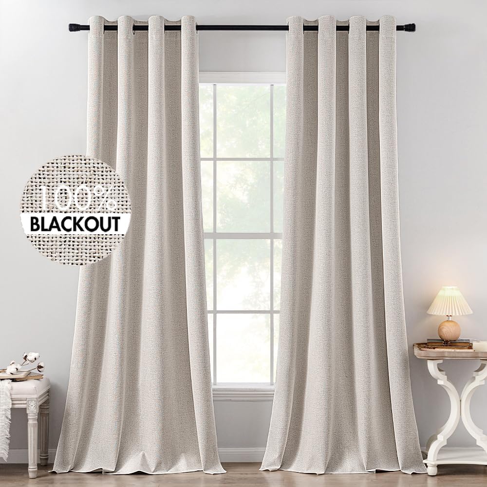 MIULEE 100% Blackout Linen Textured Curtains for Bedroom Solid Thermal Insulated Copper Brown Grommet Room Darkening Curtains & Drapes Luxury Decor for Living Room Nursery 52 x 84 Inch (2 Panels)