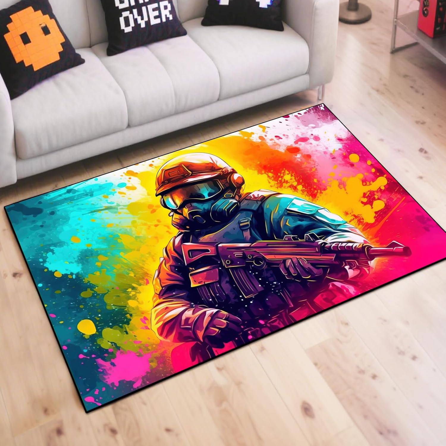Shooting Gaming Area Rug Teen Boys Carpet, Battle Game Rug and Colorful Bomb Background War Design for Game Room, Gaming Room, Boys Girls Bedroom Playroom, Living Room (Running, 79" x 59")