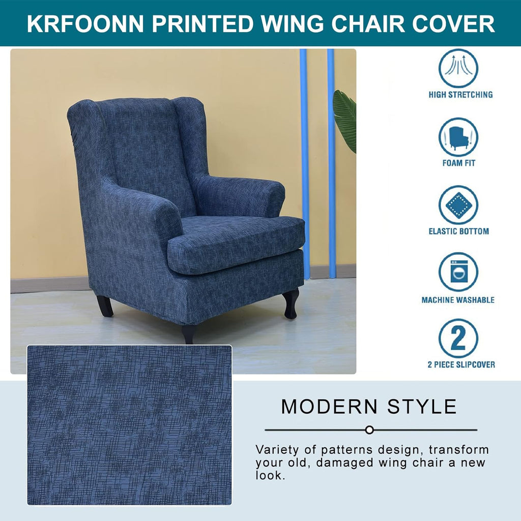 KRFOONN Stretch Wing Chair Slipcovers Printed 2 Piece Wingback Chair Covers Soft Spandex Wingback Armchair Slipcover Furniture Protector Chair Covers for Living Room Wingback Chair, T7