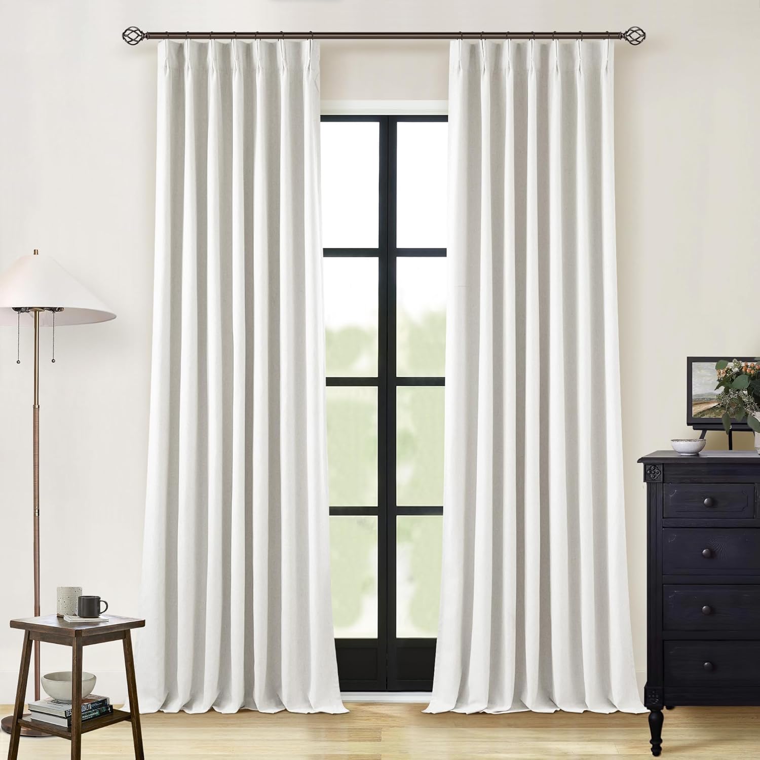 102 Inches Long Pinch Pleated Linen Blackout Curtains for Bedroom Back Tab Track Memory Trained Shape Farmhouse Light Blocking Curtains 102 Inch Length for Living Dining Room Darkening Drapes Cream