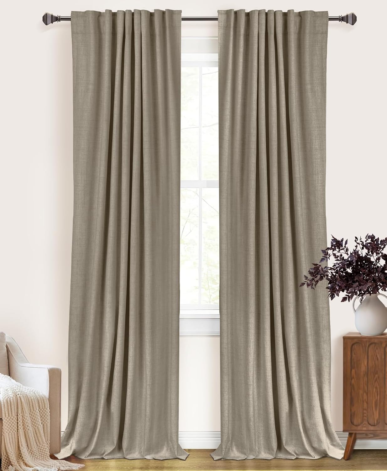 100% Blackout Shield Linen Blackout Curtains for Bedroom 96 Inches Long, Back Tab/Rod Pocket Living Room Drapes, Thermal Insulated Blackout Curtains 2 Panels Set, 50" W x 96" L,Cream