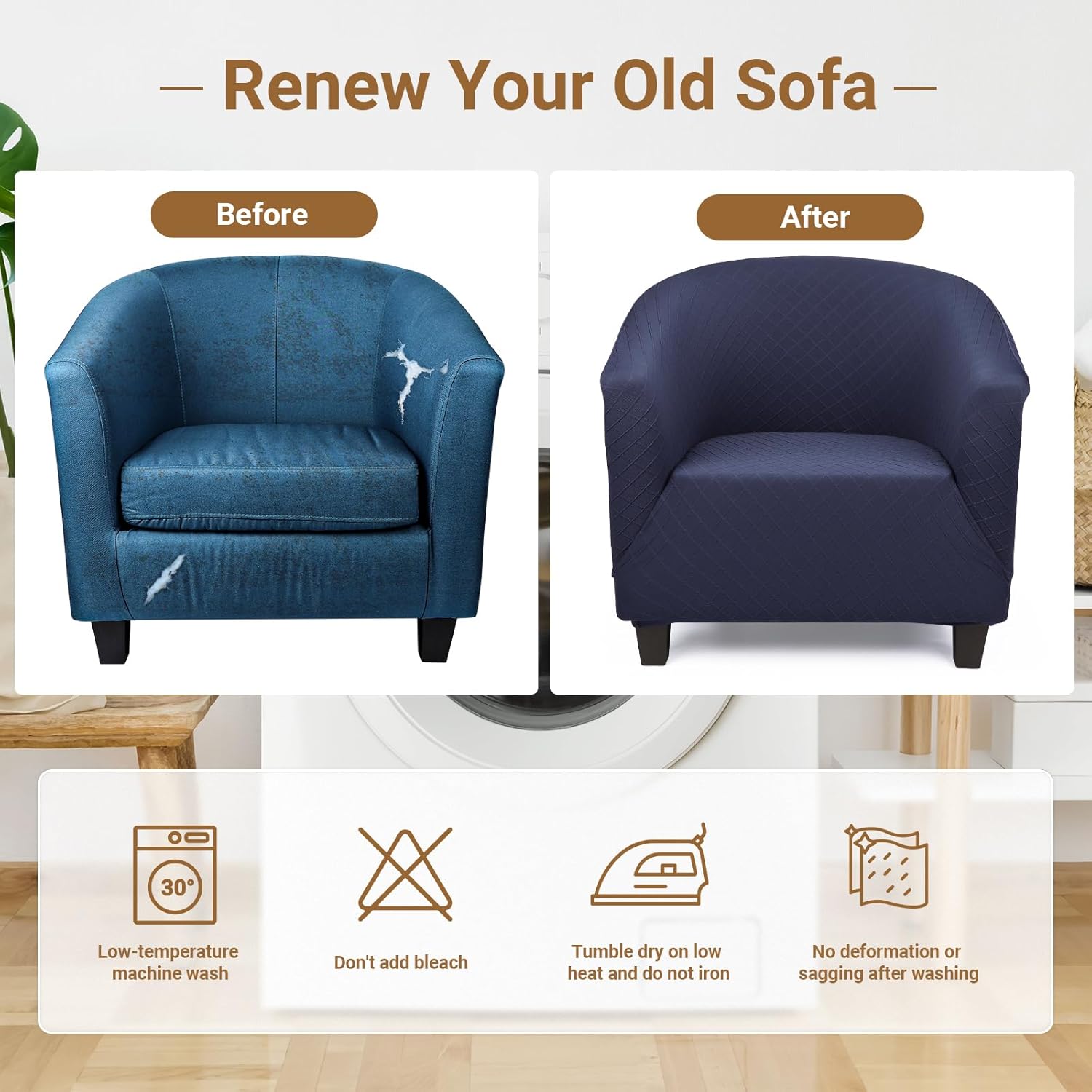 Barrel Chair Covers Slipcover 1 Piece, 2 Pack Stretch Navy Blue Club Chair Cover with Arms, Round Back Chair Covers Armchair Sofa Removable Couch Protector for Bar Living Room Bedroom