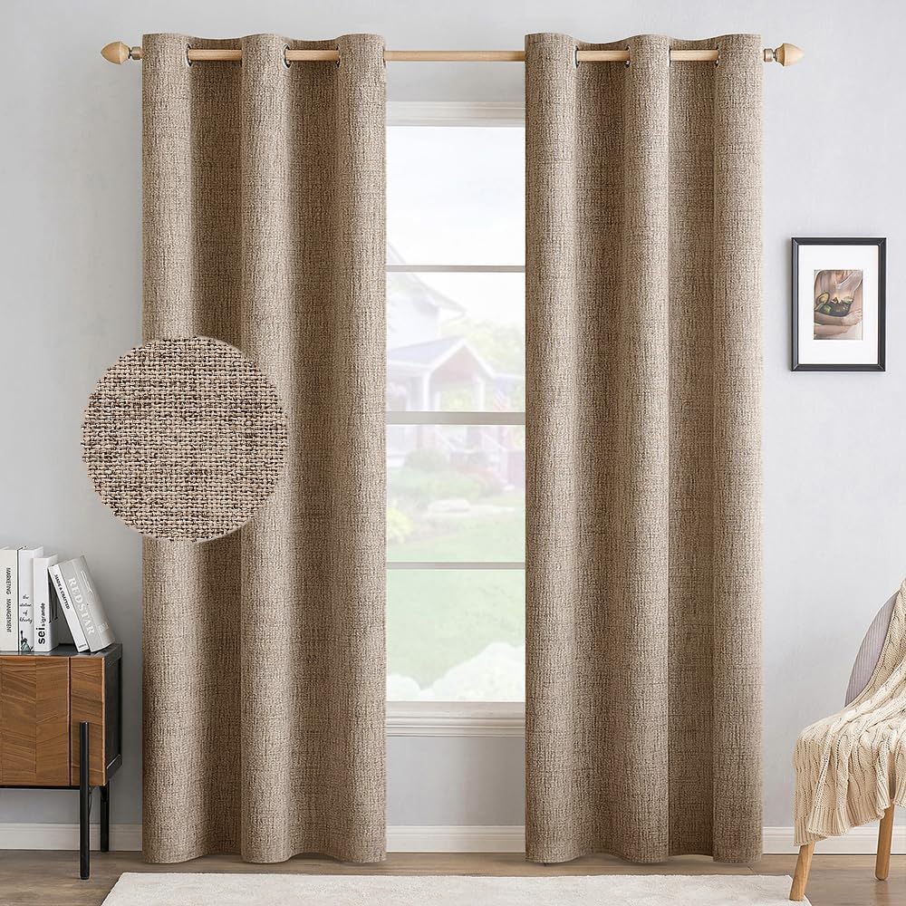 MIULEE 100% Blackout Linen Textured Curtains for Bedroom Solid Thermal Insulated Copper Brown Grommet Room Darkening Curtains & Drapes Luxury Decor for Living Room Nursery 52 x 84 Inch (2 Panels)
