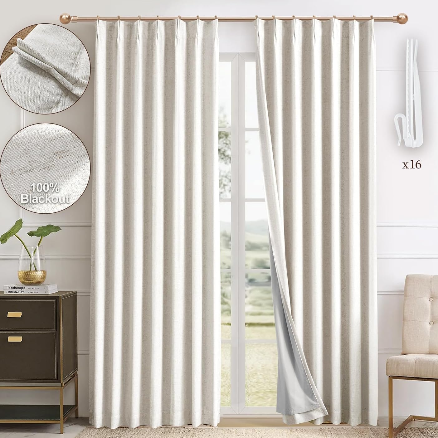 IVAPUPU Natural Pinch Pleated 100% Blackout Linen Curtains 90 Inch Length for Bedroom, Black Out Pinch Pleat Curtains for Living Dining Room Darkening Thermal Insulated Drapes with 16 Hooks, 2 Panels
