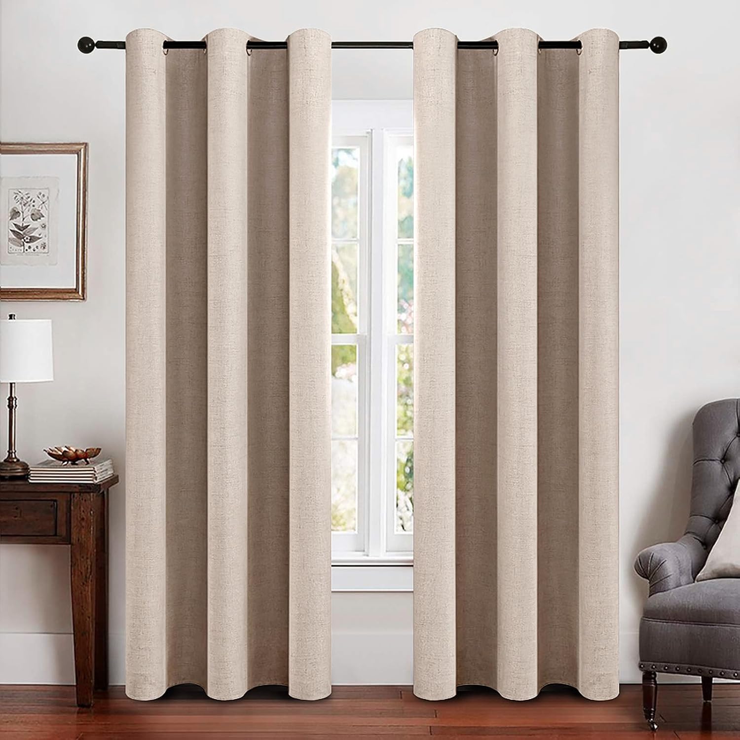 MIULEE 100% Blackout Linen Textured Curtains for Bedroom Solid Thermal Insulated Copper Brown Grommet Room Darkening Curtains & Drapes Luxury Decor for Living Room Nursery 52 x 84 Inch (2 Panels)