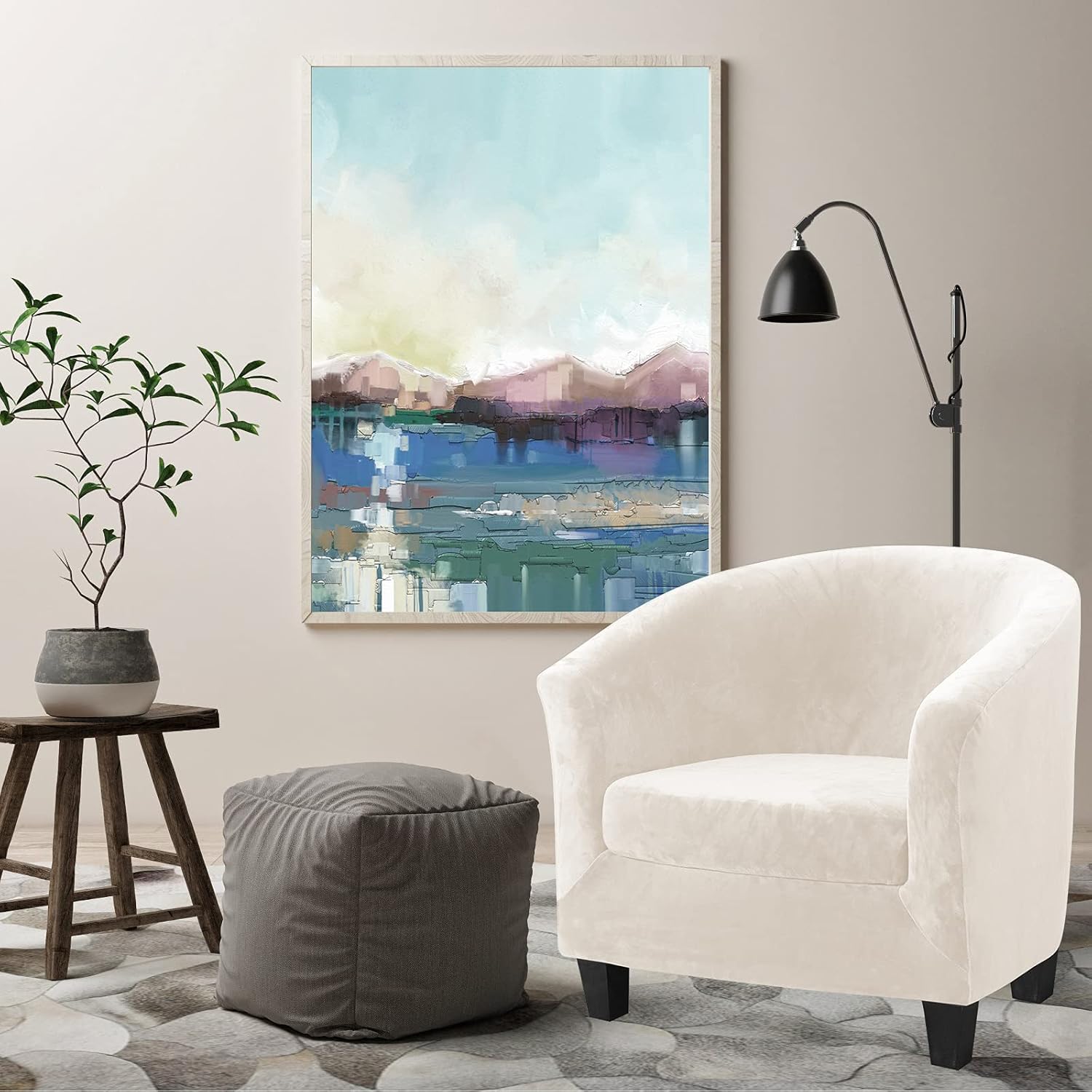 MIFXIN Tub Chair Slipcover 2-Piece Velvet Barrel Club Chair Covers with Cushion Cover Stretch Soft Washable Armchair Sofa Couch Furniture Protector for Living Room Hotel (Beige)