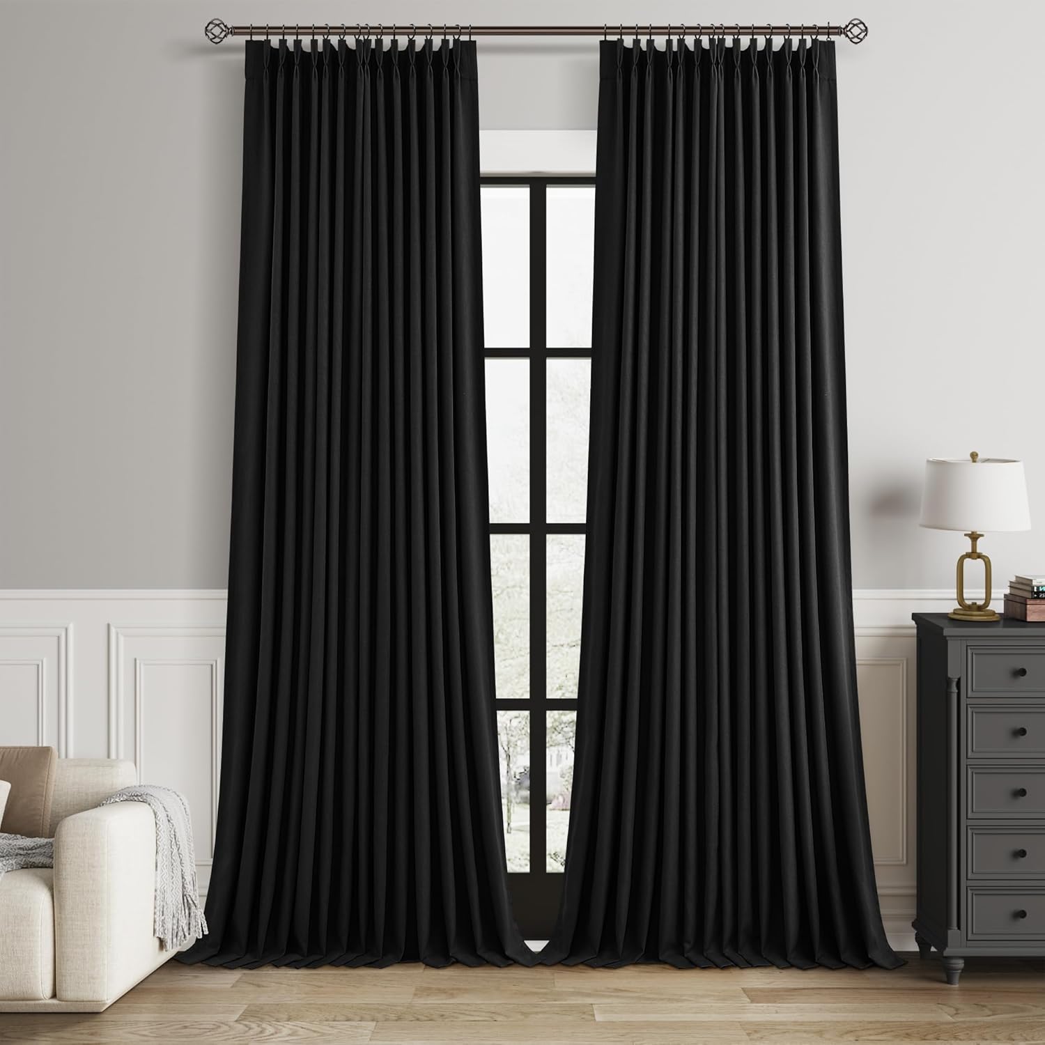 100% Blackout Pinch Pleated Curtains Linen 90 Inches Long for Bedroom 2 Panels Set Full Black Out Thermal Insulated Curtain Natural Boho Farmhouse Pinch Pleat Double Layer Room Darkening Drapes Cream