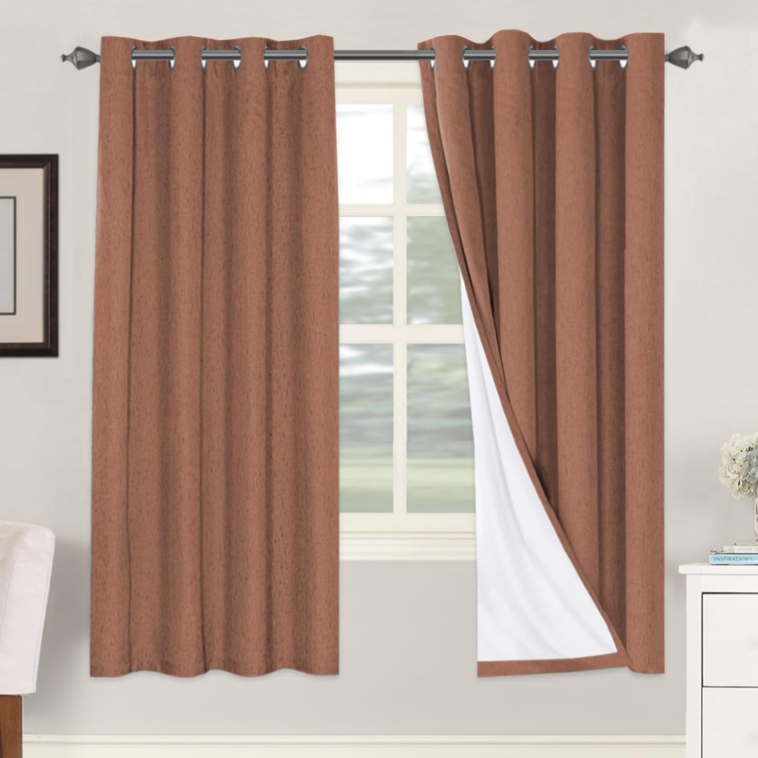 H.VERSAILTEX Blackout Curtains, Linen Curtains 108 inches Long 100% Black Out Curtains for Bedroom Windows, Textured Linen Look Draperies Grommet with White Liner, 2 Panels, Natural