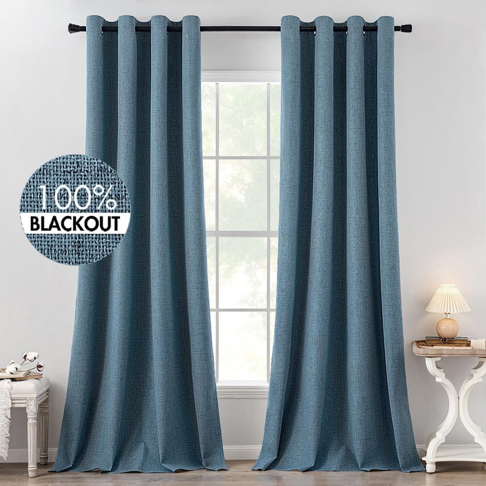 MIULEE 100% Blackout Linen Textured Curtains for Bedroom Solid Thermal Insulated Copper Brown Grommet Room Darkening Curtains & Drapes Luxury Decor for Living Room Nursery 52 x 84 Inch (2 Panels)