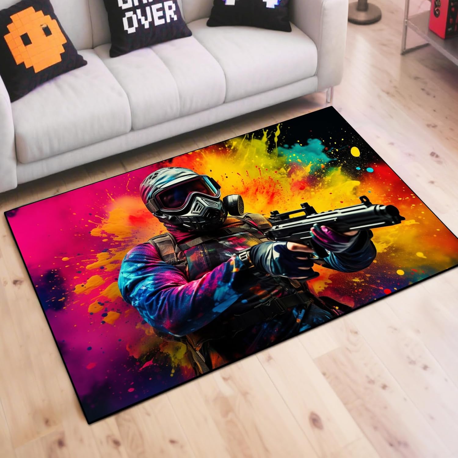 Shooting Gaming Area Rug Teen Boys Carpet, Battle Game Rug and Colorful Bomb Background War Design for Game Room, Gaming Room, Boys Girls Bedroom Playroom, Living Room (Running, 79" x 59")