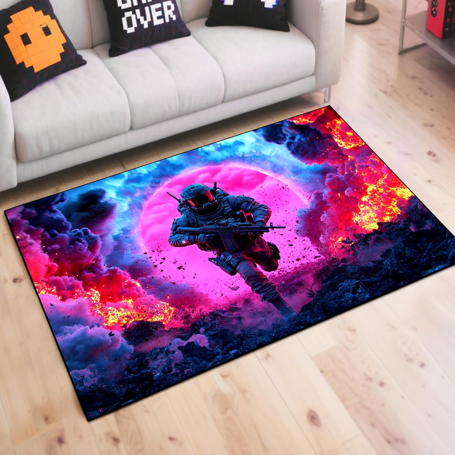 Shooting Gaming Area Rug Teen Boys Carpet, Battle Game Rug and Colorful Bomb Background War Design for Game Room, Gaming Room, Boys Girls Bedroom Playroom, Living Room (Running, 79" x 59")