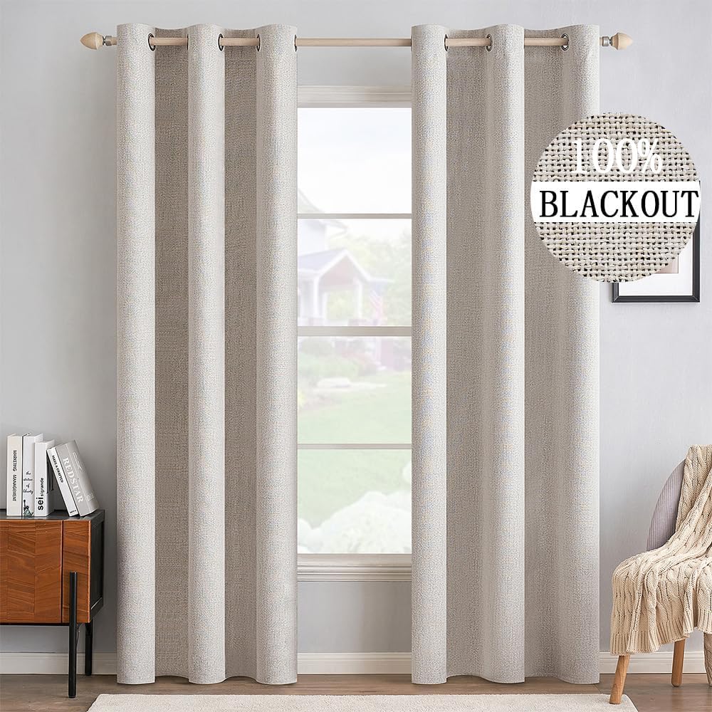 MIULEE 100% Blackout Linen Textured Curtains for Bedroom Solid Thermal Insulated Copper Brown Grommet Room Darkening Curtains & Drapes Luxury Decor for Living Room Nursery 52 x 84 Inch (2 Panels)