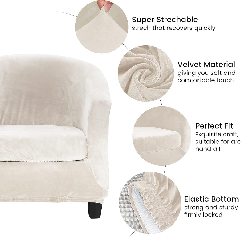 MIFXIN Tub Chair Slipcover 2-Piece Velvet Barrel Club Chair Covers with Cushion Cover Stretch Soft Washable Armchair Sofa Couch Furniture Protector for Living Room Hotel (Beige)