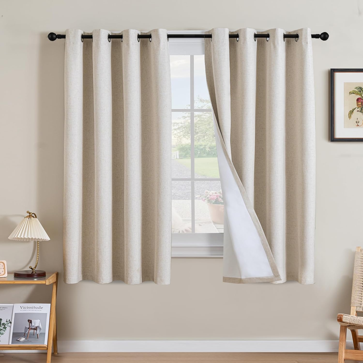 H.VERSAILTEX Blackout Curtains, Linen Curtains 108 inches Long 100% Black Out Curtains for Bedroom Windows, Textured Linen Look Draperies Grommet with White Liner, 2 Panels, Natural