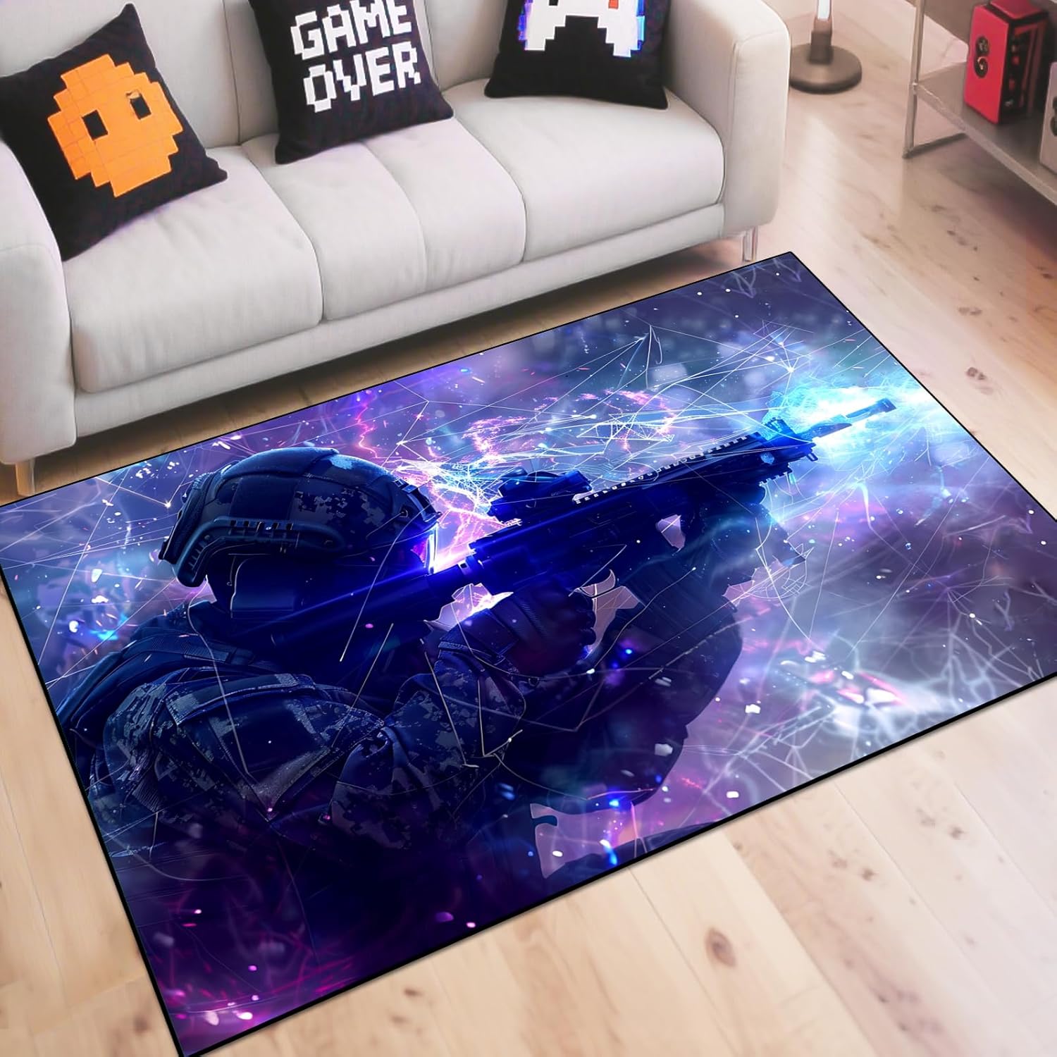 Shooting Gaming Area Rug Teen Boys Carpet, Battle Game Rug and Colorful Bomb Background War Design for Game Room, Gaming Room, Boys Girls Bedroom Playroom, Living Room (Running, 79" x 59")