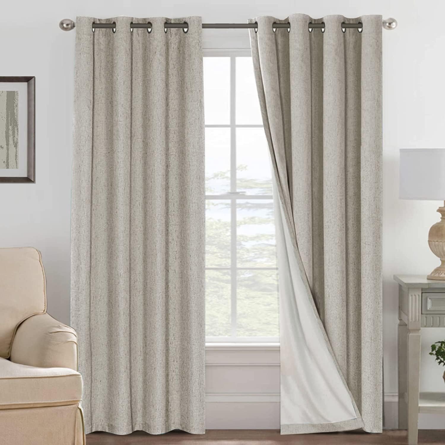 H.VERSAILTEX Blackout Curtains, Linen Curtains 108 inches Long 100% Black Out Curtains for Bedroom Windows, Textured Linen Look Draperies Grommet with White Liner, 2 Panels, Natural