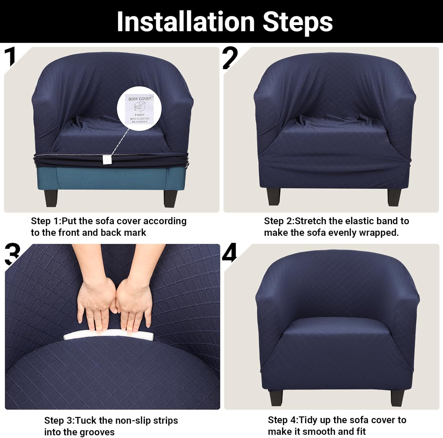 Barrel Chair Covers Slipcover 1 Piece, 2 Pack Stretch Navy Blue Club Chair Cover with Arms, Round Back Chair Covers Armchair Sofa Removable Couch Protector for Bar Living Room Bedroom