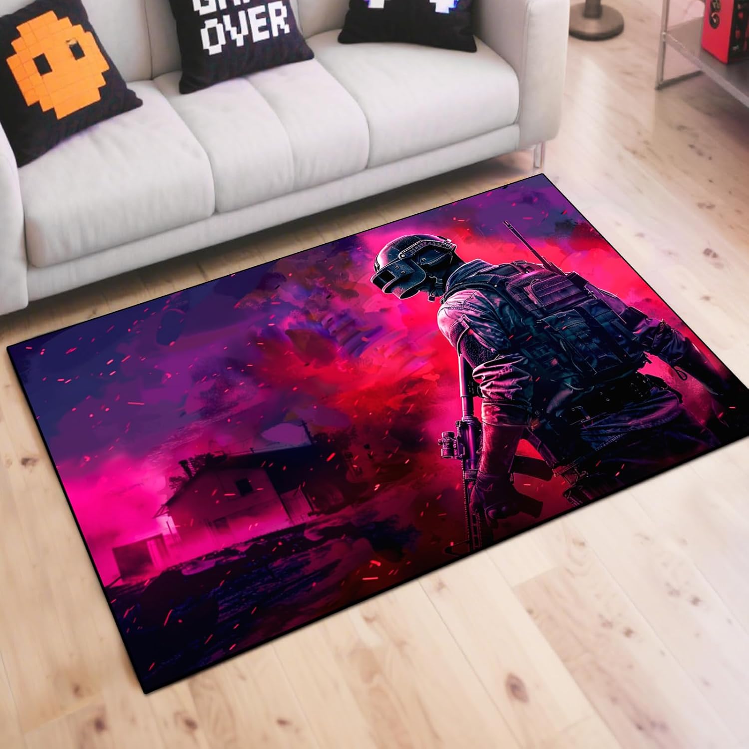 Shooting Gaming Area Rug Teen Boys Carpet, Battle Game Rug and Colorful Bomb Background War Design for Game Room, Gaming Room, Boys Girls Bedroom Playroom, Living Room (Running, 79" x 59")