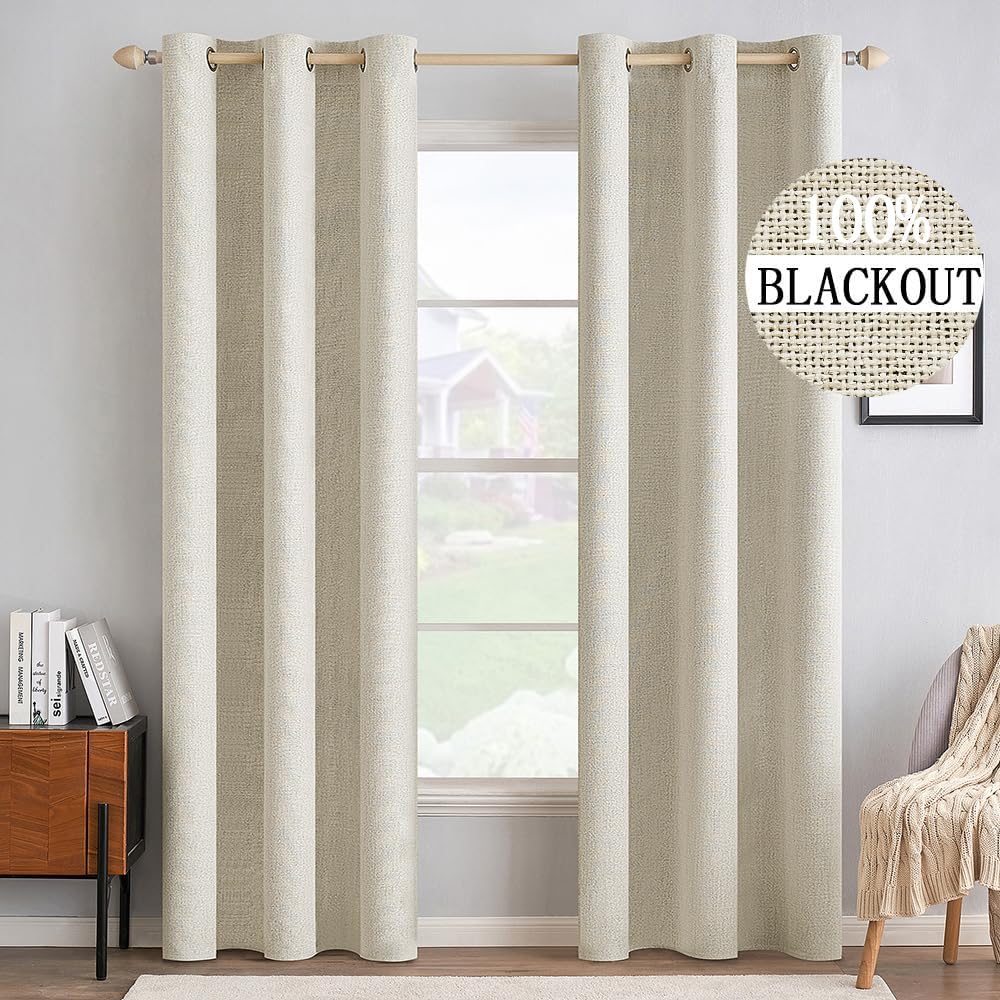 MIULEE 100% Blackout Linen Textured Curtains for Bedroom Solid Thermal Insulated Copper Brown Grommet Room Darkening Curtains & Drapes Luxury Decor for Living Room Nursery 52 x 84 Inch (2 Panels)