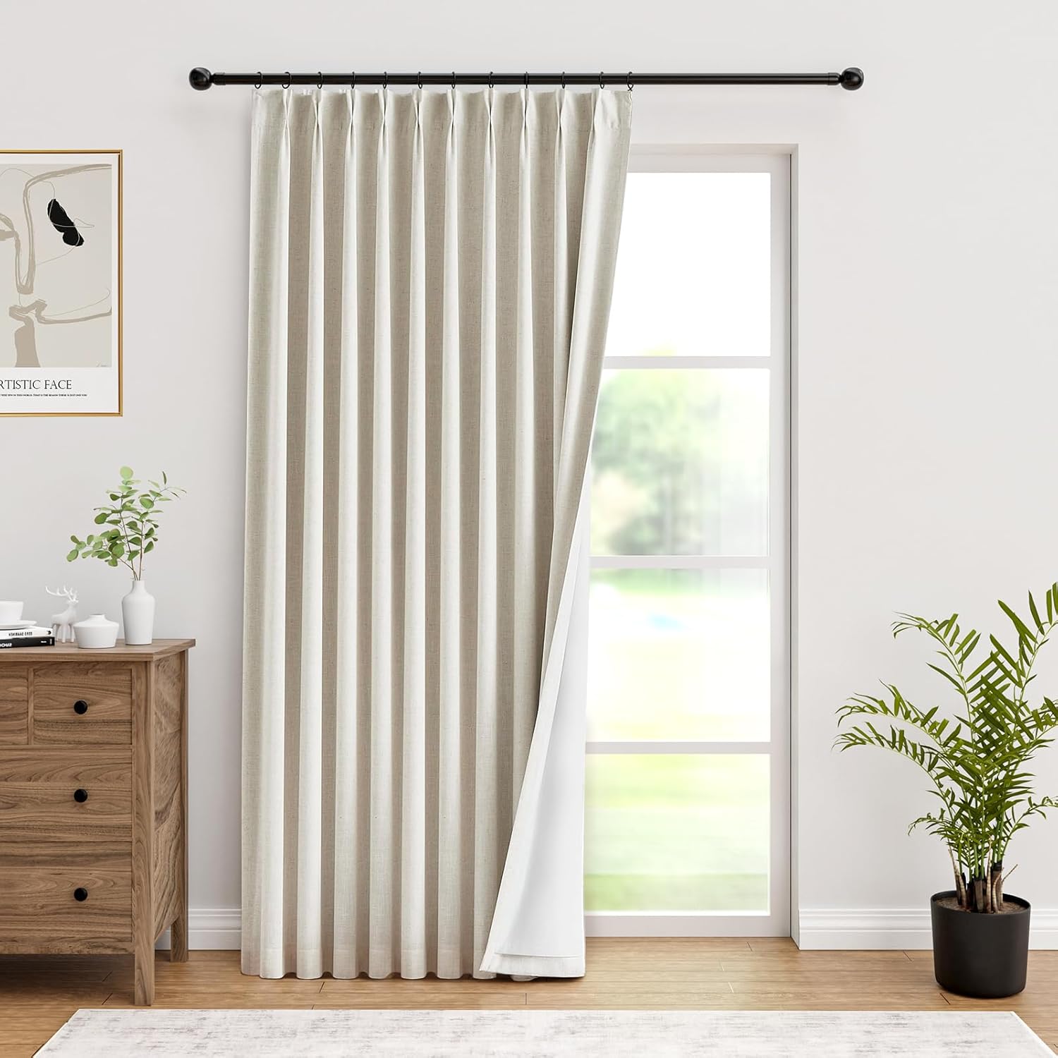 IVAPUPU Natural Pinch Pleated 100% Blackout Linen Curtains 90 Inch Length for Bedroom, Black Out Pinch Pleat Curtains for Living Dining Room Darkening Thermal Insulated Drapes with 16 Hooks, 2 Panels