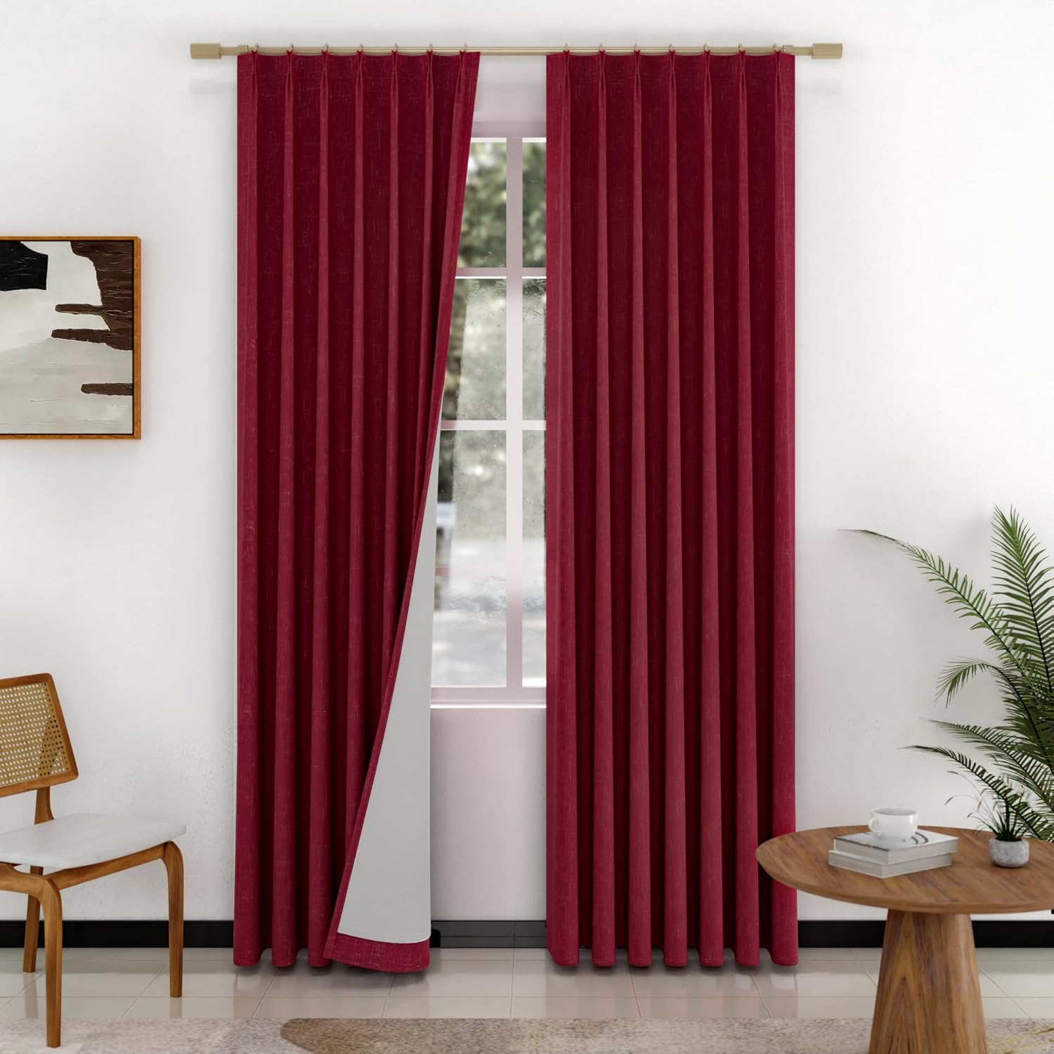 IVAPUPU Natural Pinch Pleated 100% Blackout Linen Curtains 90 Inch Length for Bedroom, Black Out Pinch Pleat Curtains for Living Dining Room Darkening Thermal Insulated Drapes with 16 Hooks, 2 Panels