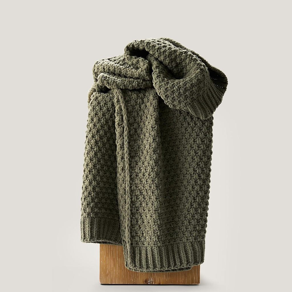 EVERGRACEHOME Chunky Chenille Knit Throw Blanket for Couch, Soft Luxurious Moss Stitch Blankets for Bed, Cozy Decorative Farmhouse Knitted Throws for Sofa, Olive Green, 50" x 60"