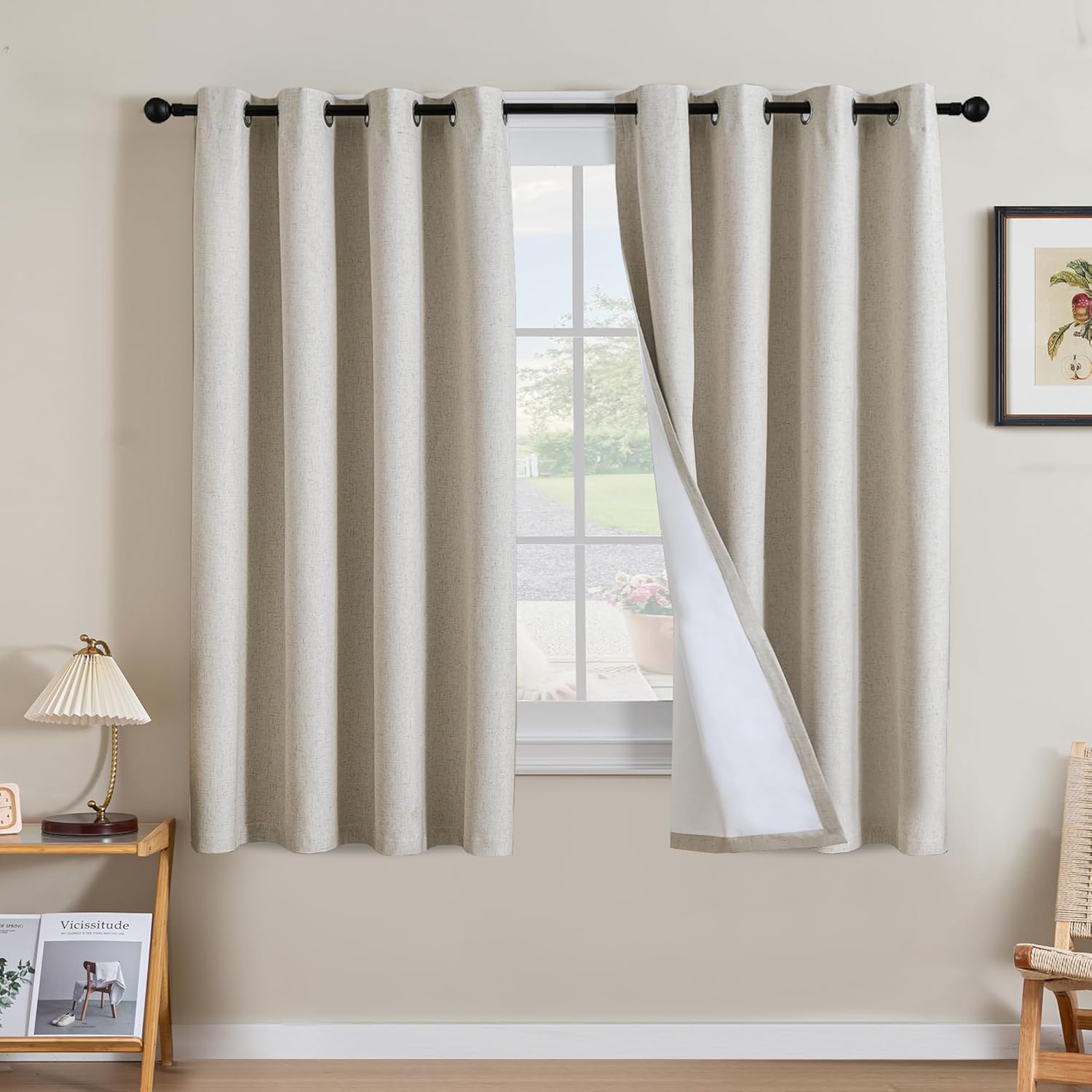 H.VERSAILTEX Blackout Curtains, Linen Curtains 108 inches Long 100% Black Out Curtains for Bedroom Windows, Textured Linen Look Draperies Grommet with White Liner, 2 Panels, Natural