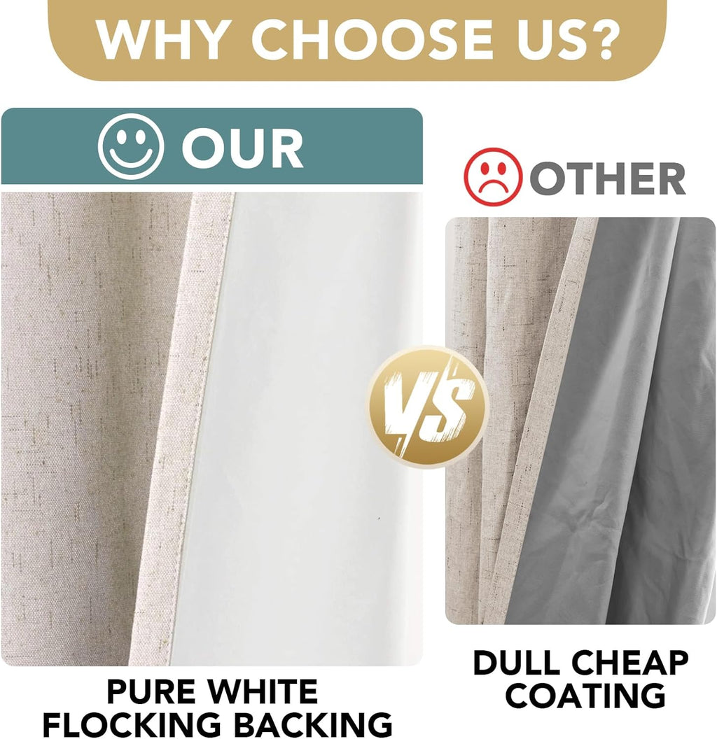 H.VERSAILTEX Blackout Curtains, Linen Curtains 108 inches Long 100% Black Out Curtains for Bedroom Windows, Textured Linen Look Draperies Grommet with White Liner, 2 Panels, Natural