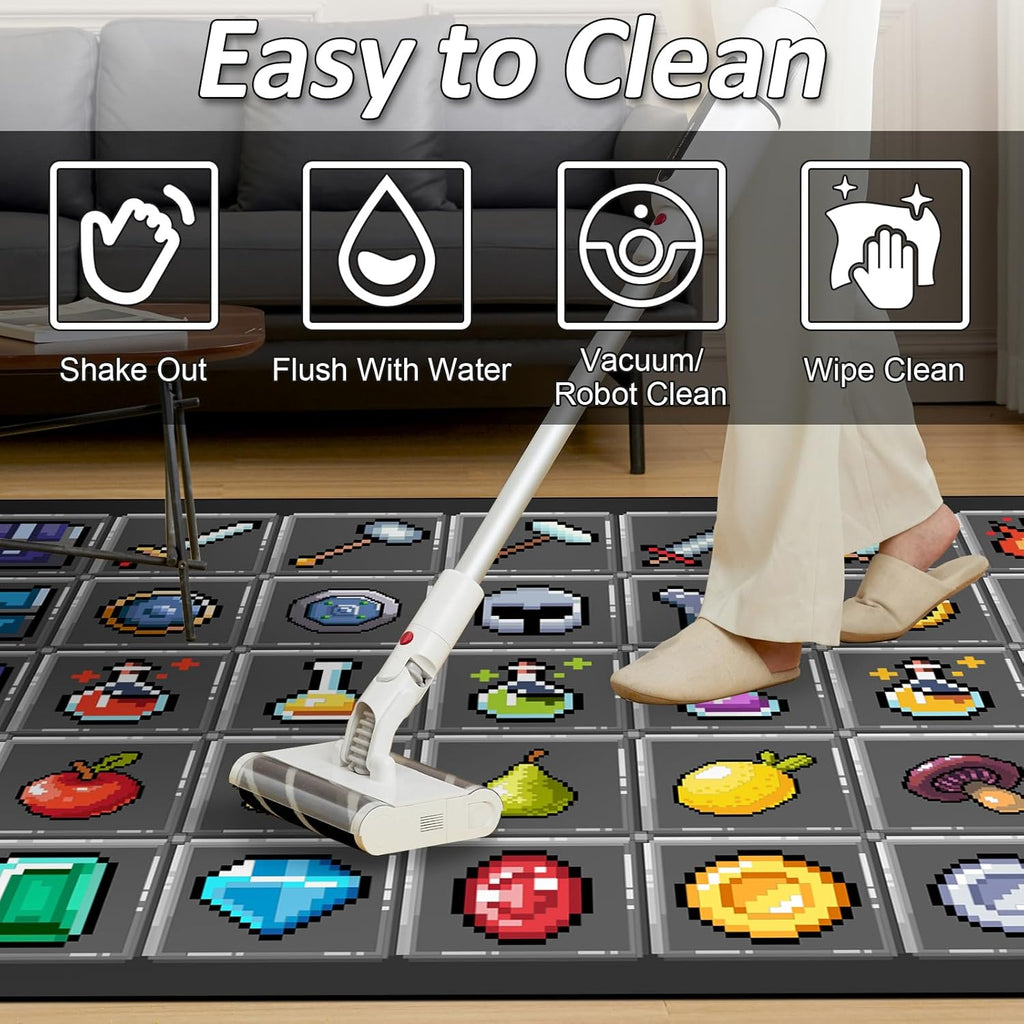 Game Rug Teen Boys Carpet with Pixel Games Element Items Decoration Mat, Weapon Medical Game Rugs for Boy’s Bedroom Living Room Playroom, Non-Slip Children Gaming Area Rugs (Grey, 79" x 59")