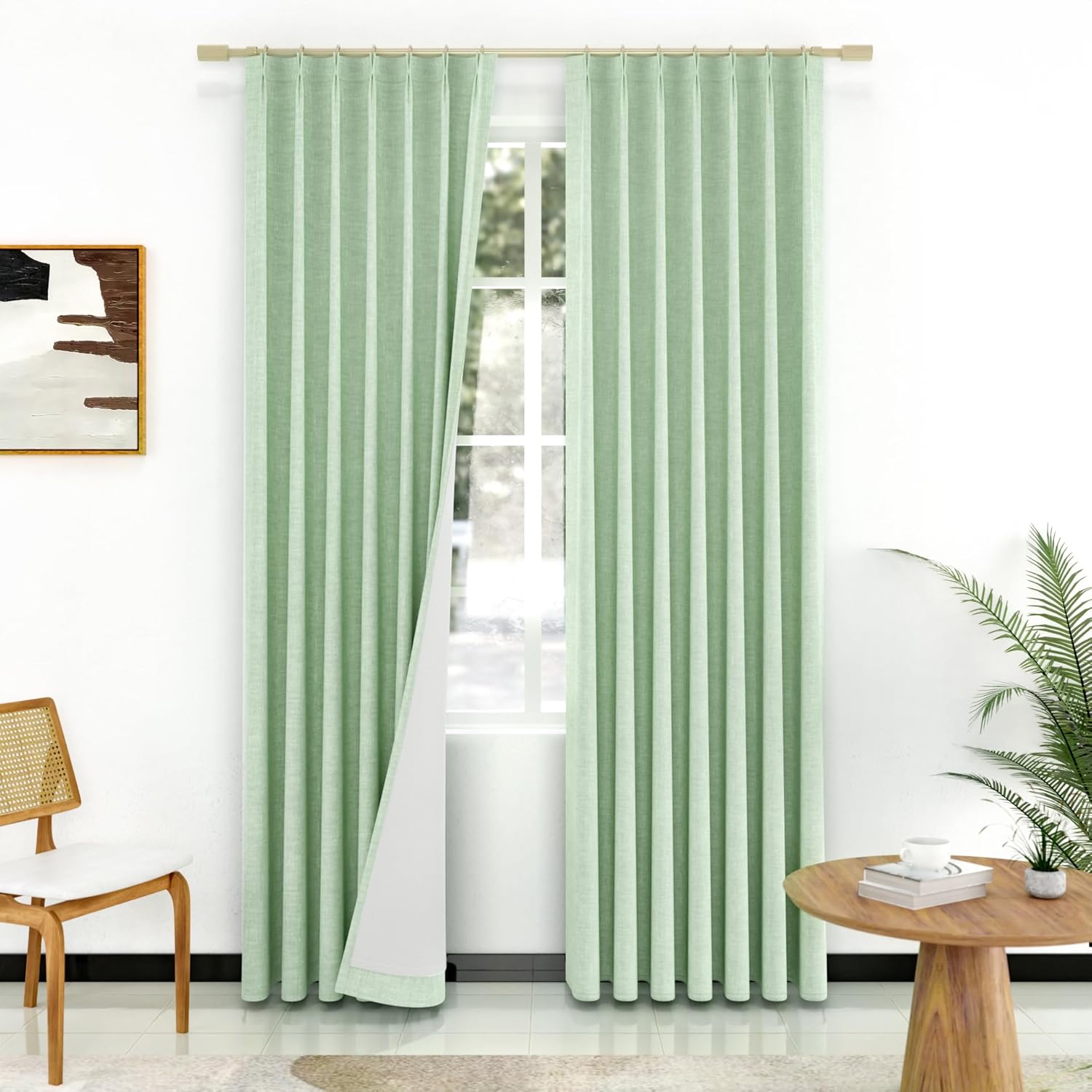 IVAPUPU Natural Pinch Pleated 100% Blackout Linen Curtains 90 Inch Length for Bedroom, Black Out Pinch Pleat Curtains for Living Dining Room Darkening Thermal Insulated Drapes with 16 Hooks, 2 Panels