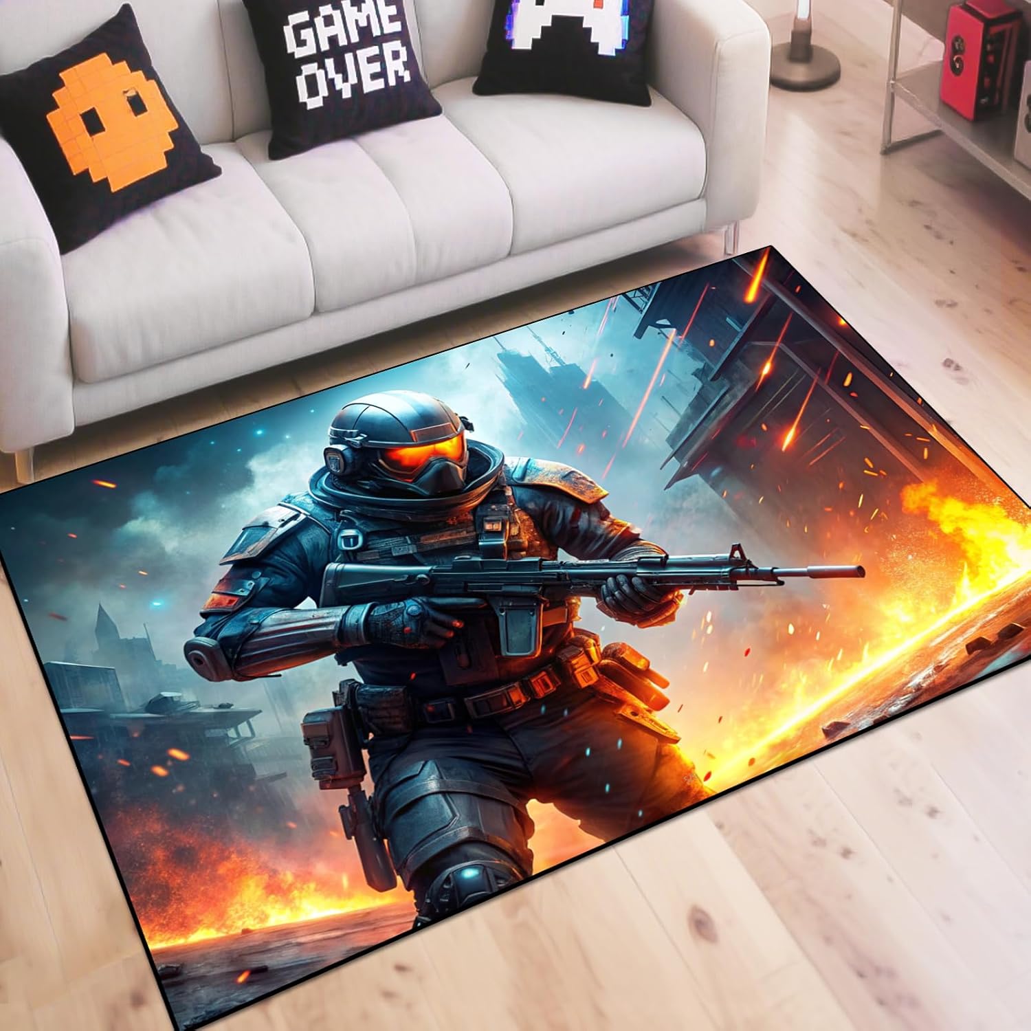 Shooting Gaming Area Rug Teen Boys Carpet, Battle Game Rug and Colorful Bomb Background War Design for Game Room, Gaming Room, Boys Girls Bedroom Playroom, Living Room (Running, 79" x 59")