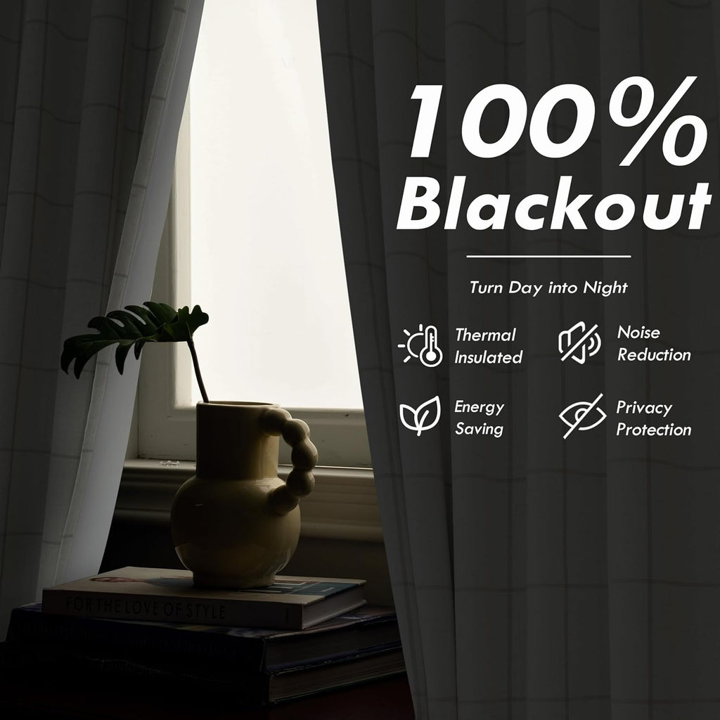 DriftAway 2 Panels 100% Blackout Windowpane Plaid Linen Curtains Double Layer Drapes for Bedroom 84 Inches Long Farmhouse Thermal Insulated 3.25 Inch Rod Pocket Back Tab for Living Room Taupe