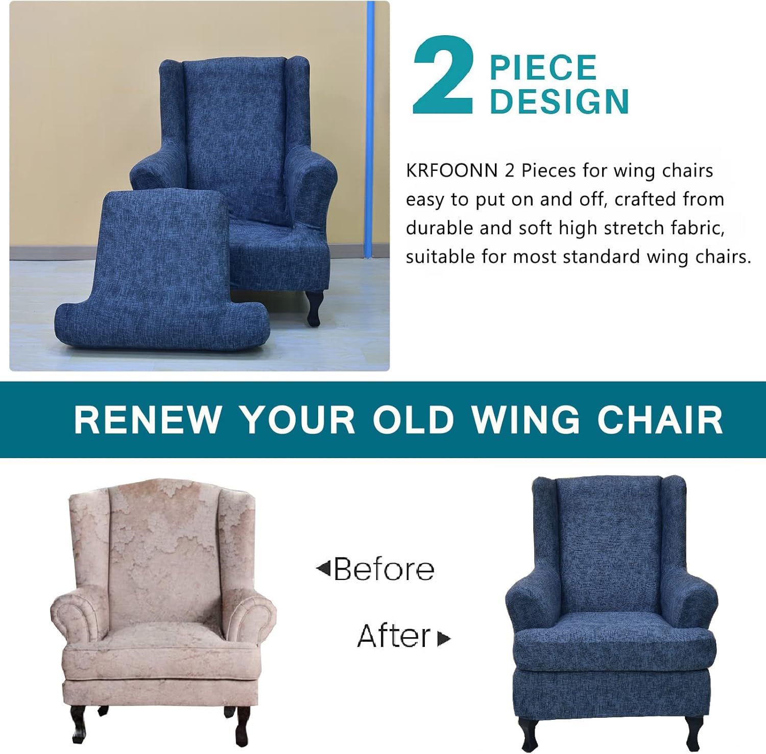 KRFOONN Stretch Wing Chair Slipcovers Printed 2 Piece Wingback Chair Covers Soft Spandex Wingback Armchair Slipcover Furniture Protector Chair Covers for Living Room Wingback Chair, T7