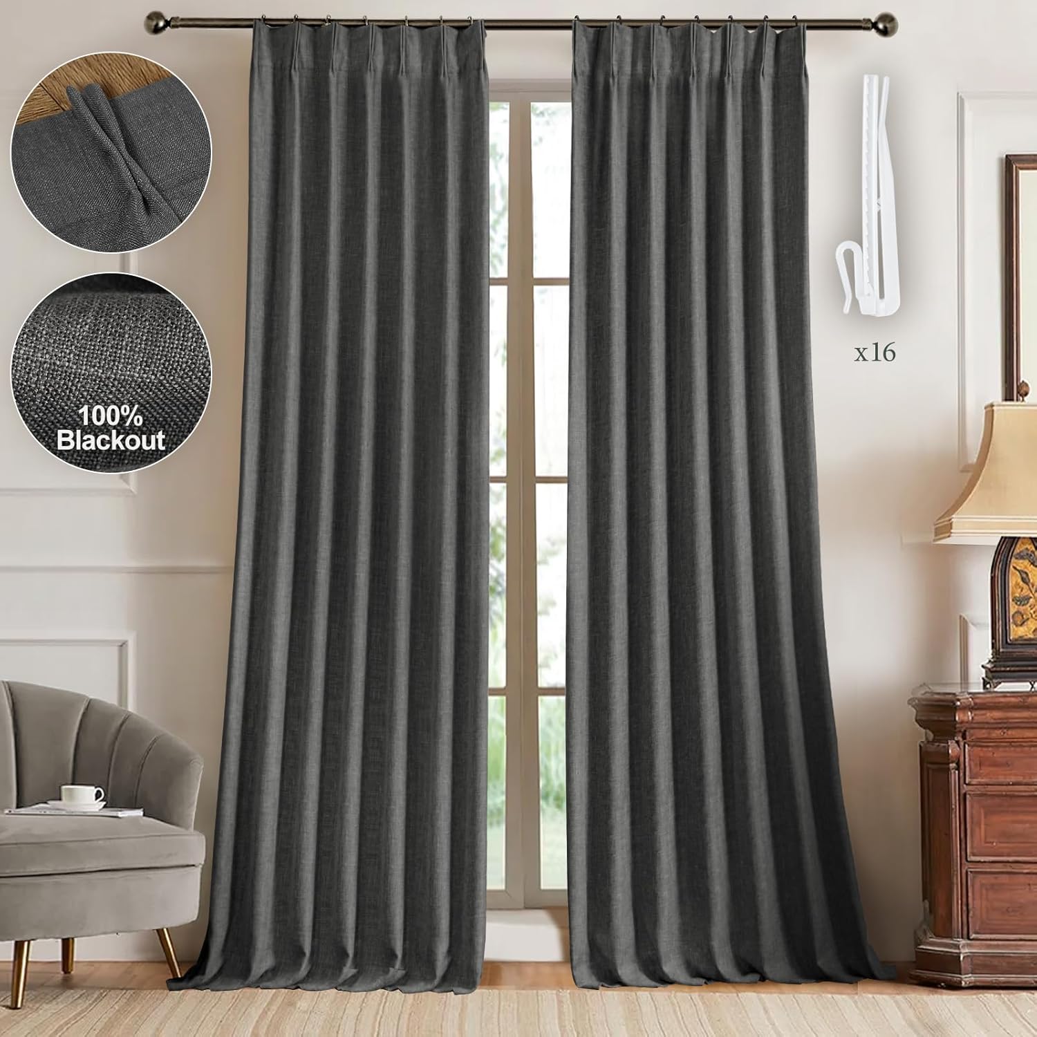 IVAPUPU Natural Pinch Pleated 100% Blackout Linen Curtains 90 Inch Length for Bedroom, Black Out Pinch Pleat Curtains for Living Dining Room Darkening Thermal Insulated Drapes with 16 Hooks, 2 Panels