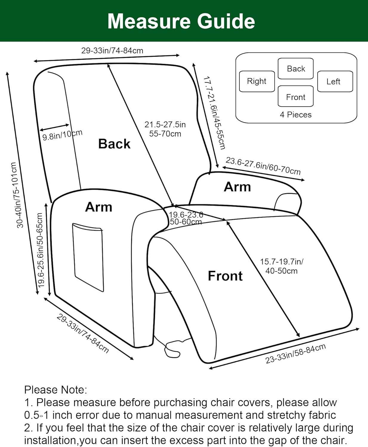 CRFATOP Stretch Recliner Cover 4-Pieces 1 Seat Recliner Chair Slipcovers Printed Fallon Collection Slipcover Recliner Lazy Boy Furniture Protector for Living Room,11